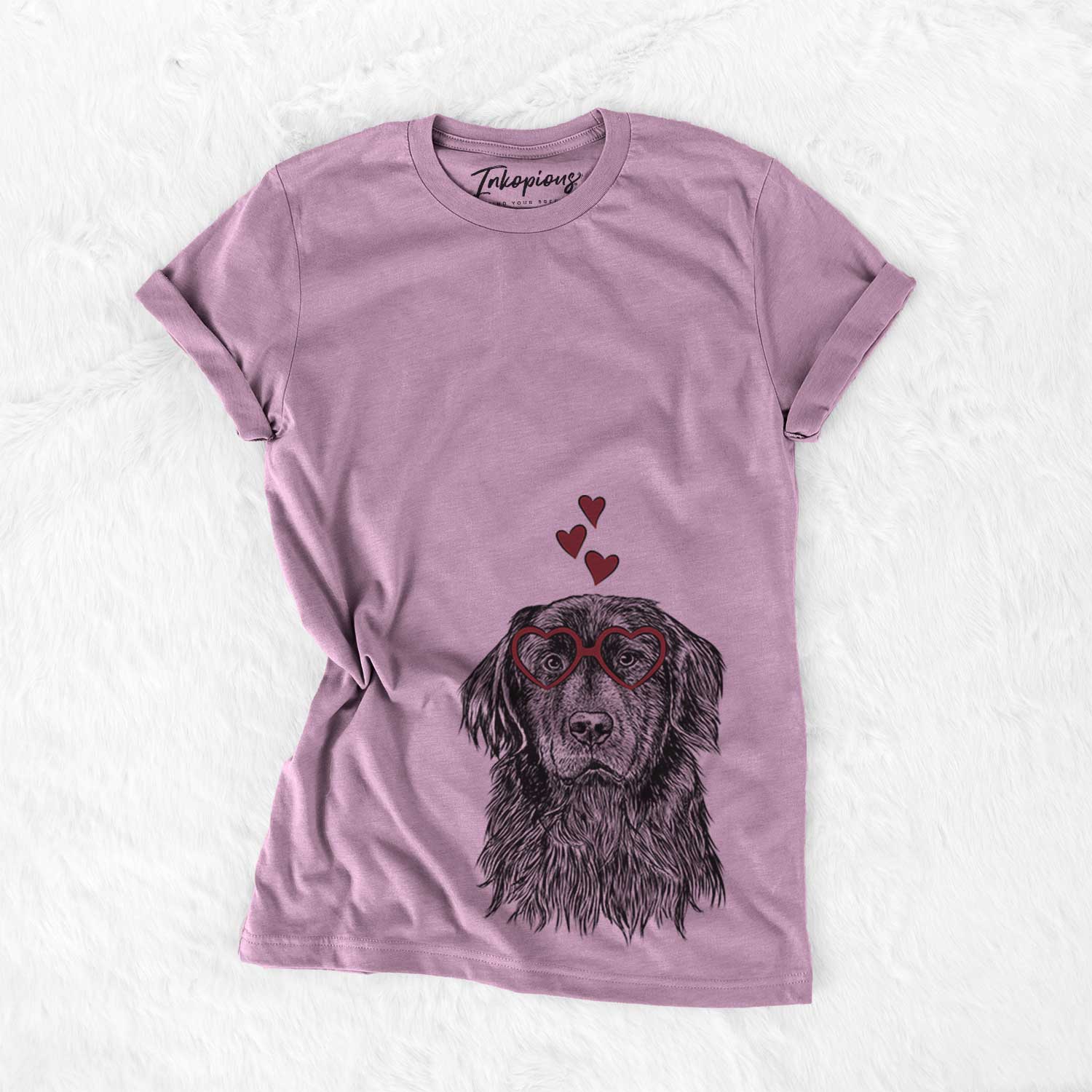 Hand-drawn sketch of Jinx the Newfoundland wearing heart-shaped glasses on an Orchid Bella Canvas Unisex Crewneck