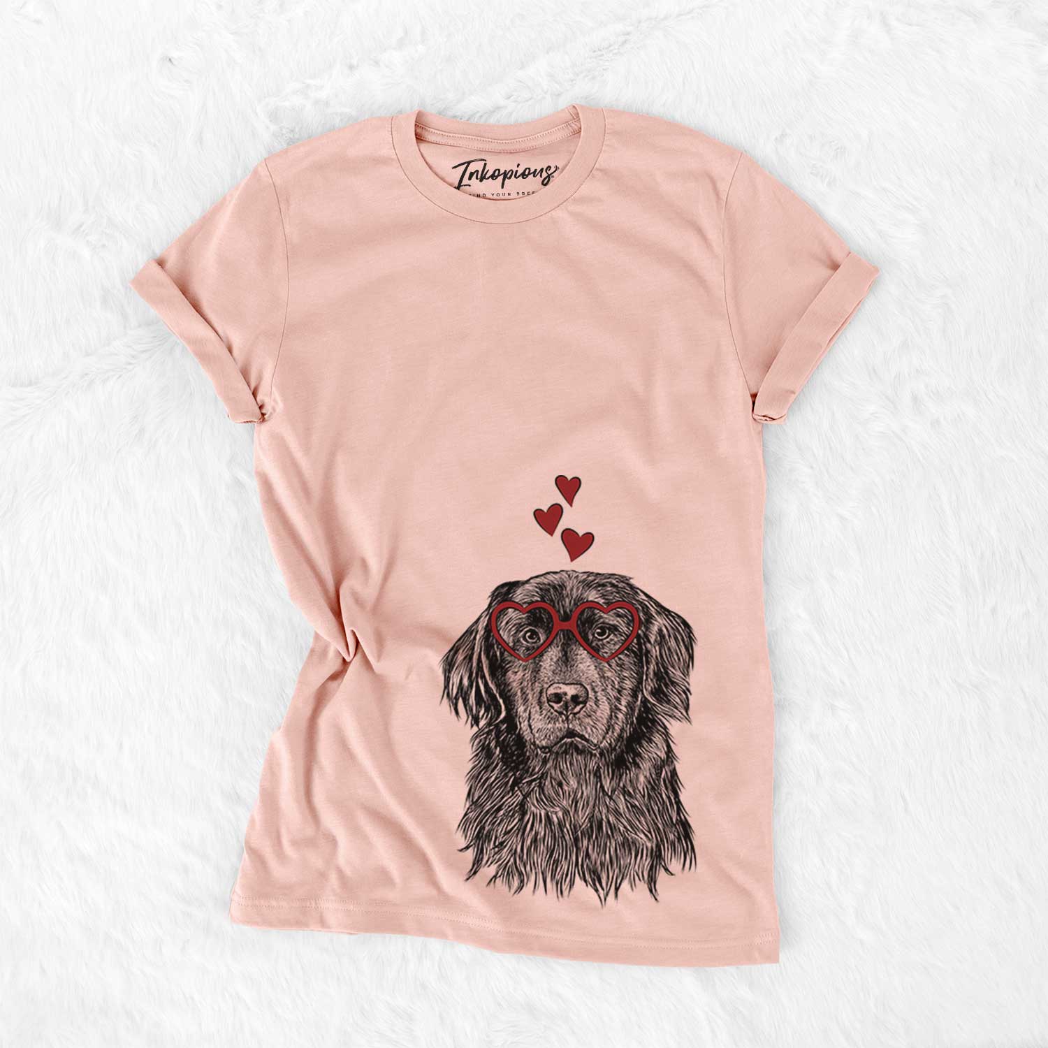 Hand-drawn sketch of Jinx the Newfoundland wearing heart-shaped glasses on a Peach Bella Canvas Unisex Crewneck