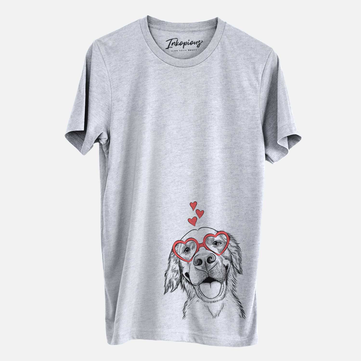 Hand-drawn sketch of Jordy the Golden Retriever wearing heart-shaped glasses on a Grey Unisex crewneck