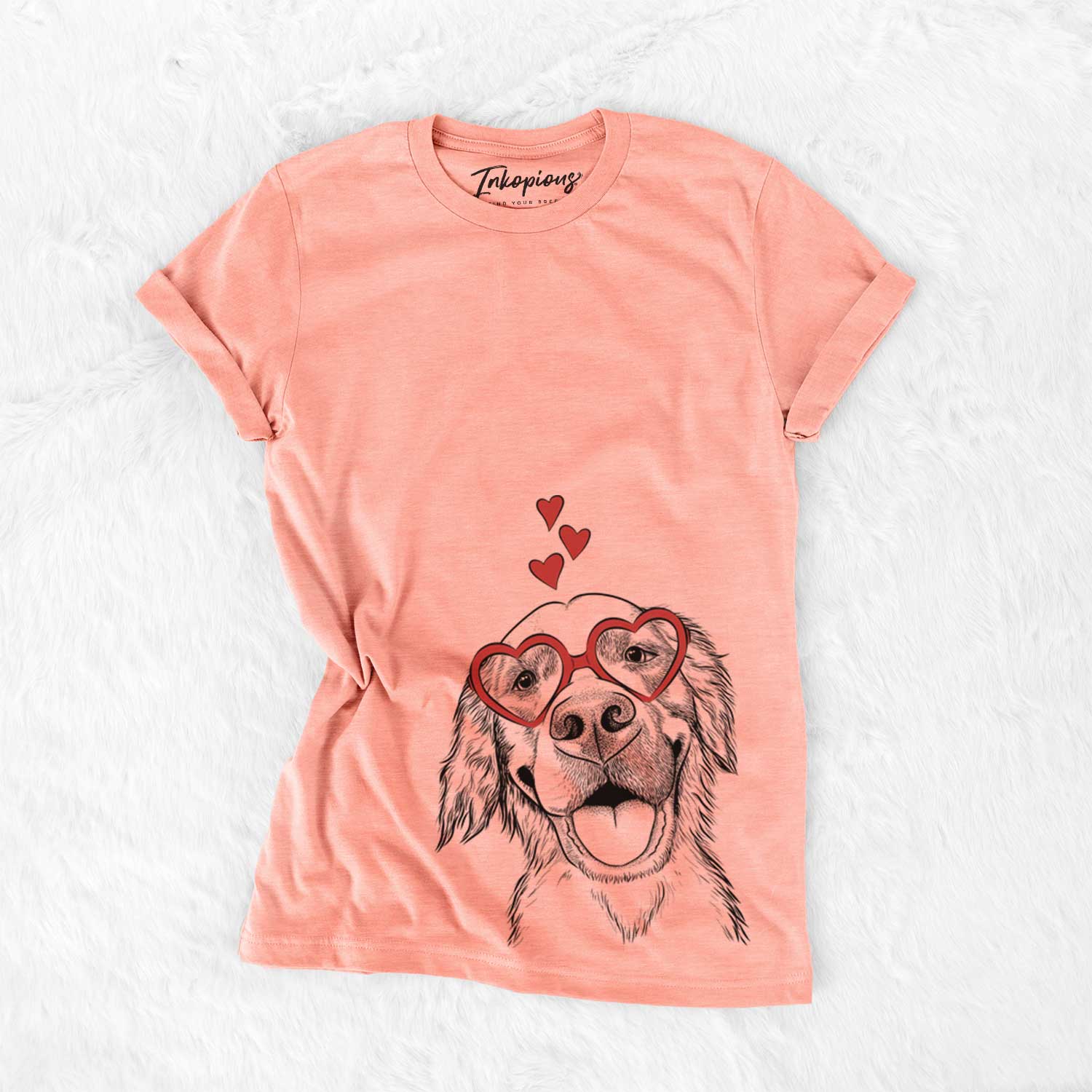 Hand-drawn sketch of Jordy the Golden Retriever wearing heart-shaped glasses on a Sunset Bella Canvas Unisex Crewneck