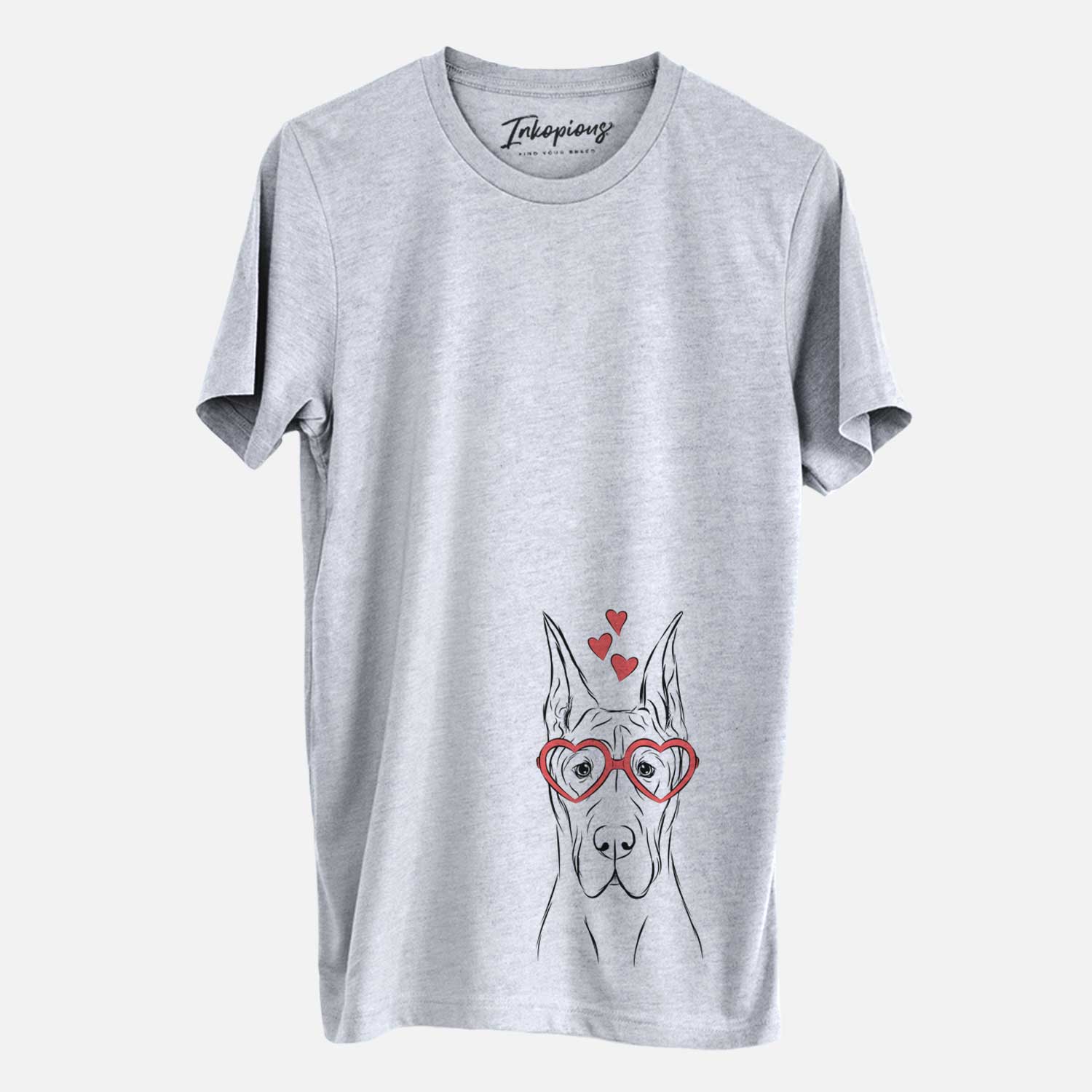 Hand-drawn sketch of Jude the Great Dane wearing heart-shaped glasses on a Grey Unisex crewneck