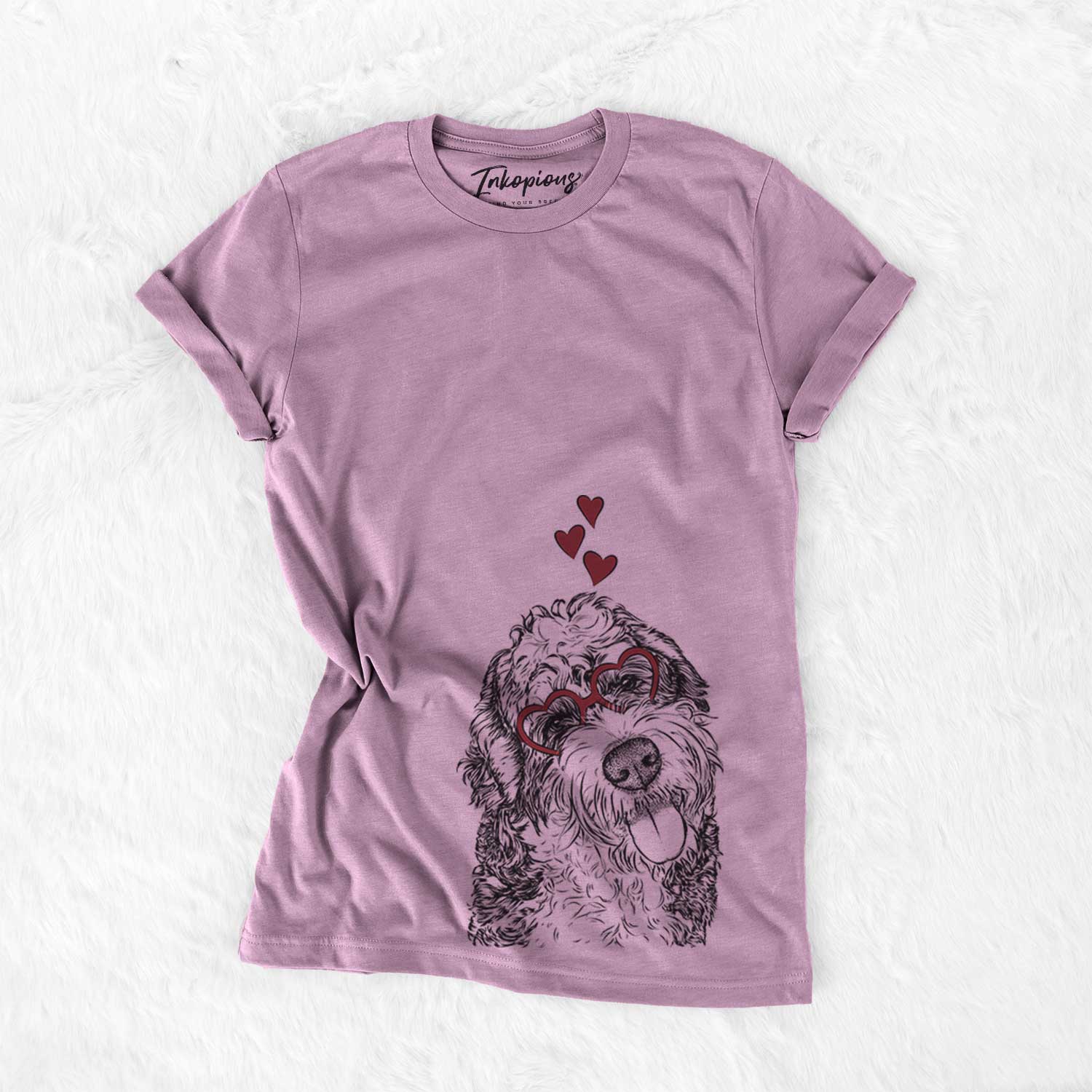 Hand-drawn sketch of Kaci the Bernedoodle wearing heart-shaped glasses on an Orchid Bella Canvas Unisex Crewneck