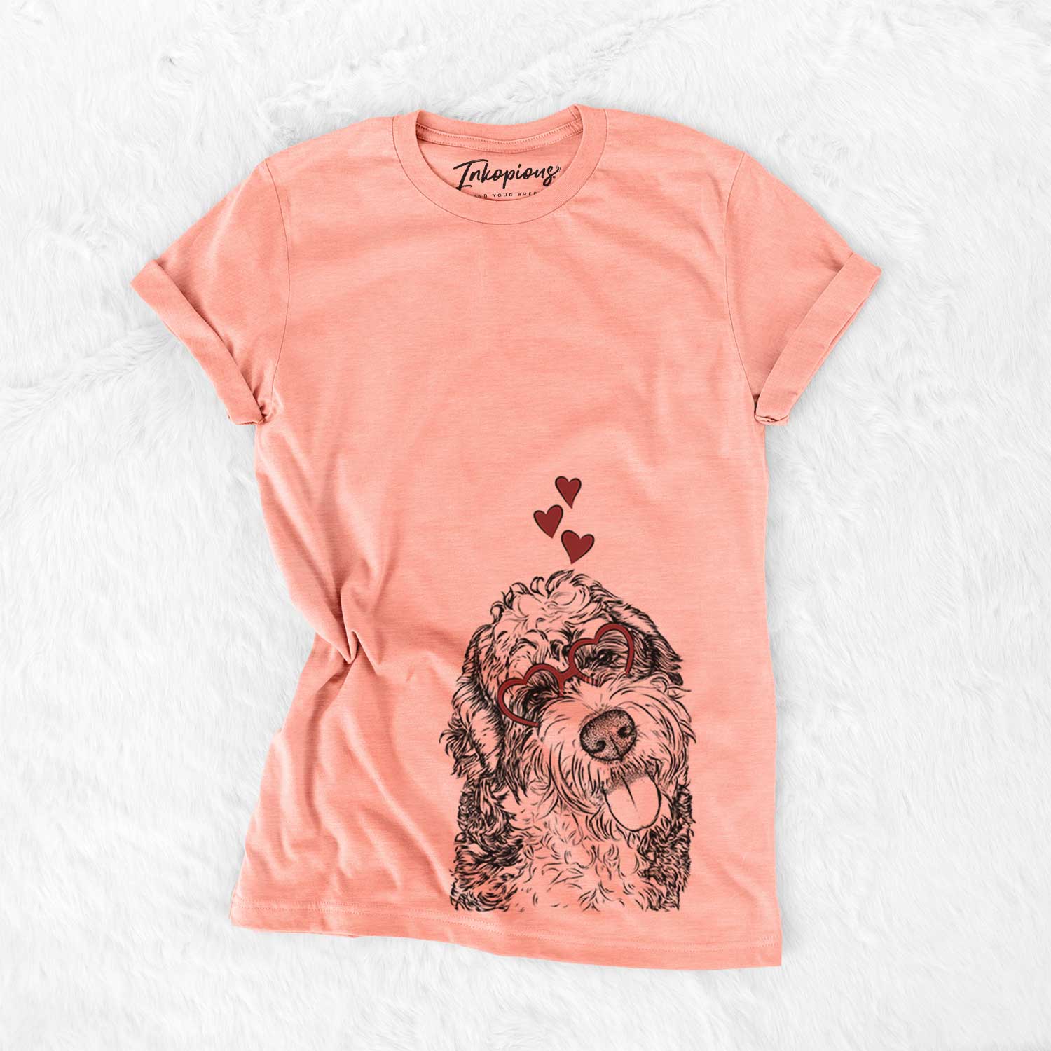 Hand-drawn sketch of Kaci the Bernedoodle wearing heart-shaped glasses on a Sunset Bella Canvas Unisex Crewneck
