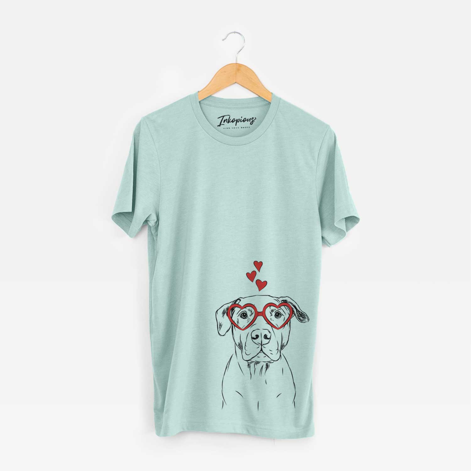 Hand-drawn sketch of Kadin the Pitbull wearing heart-shaped glasses on a Heather Sage Bella Canvas Unisex Crewneck
