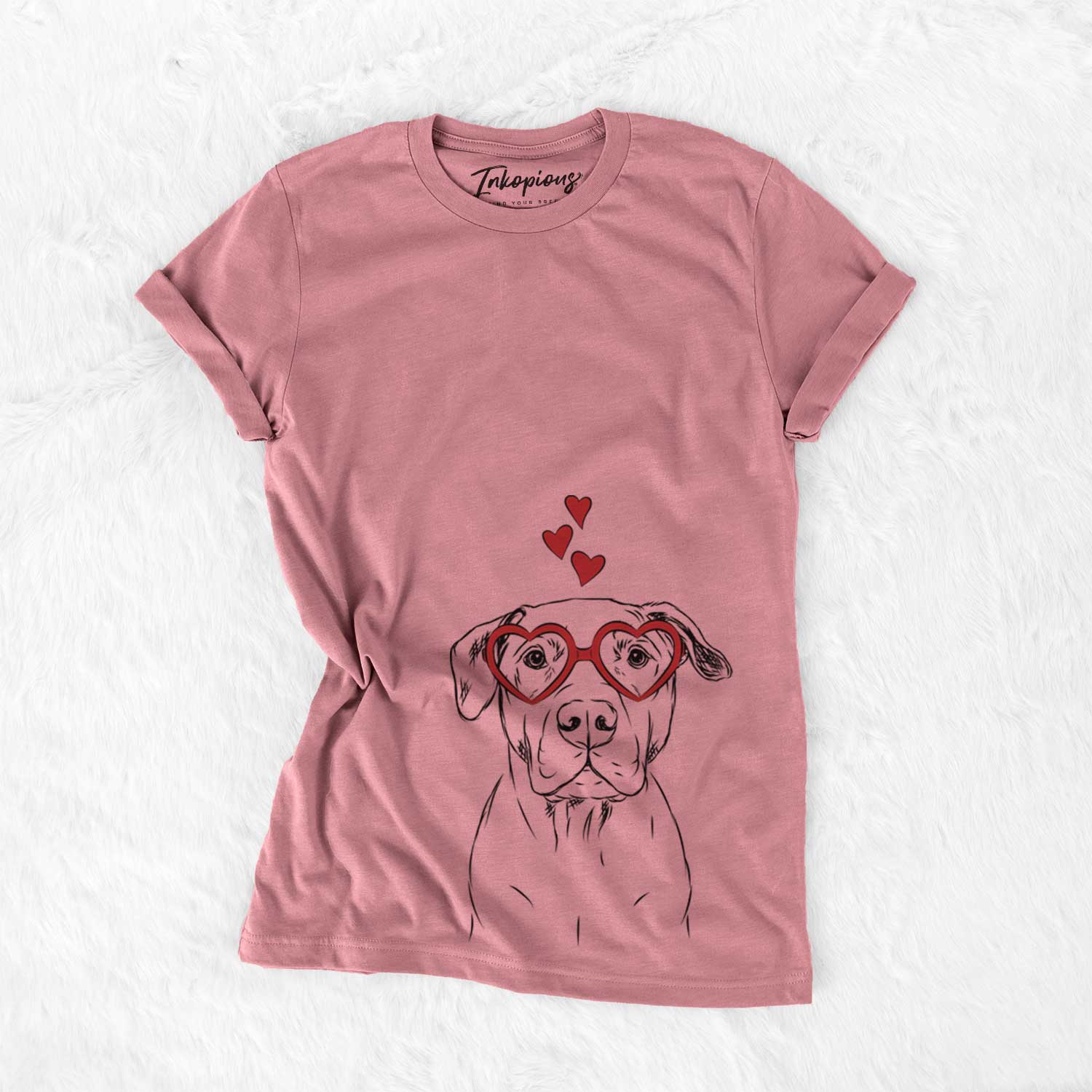 Hand-drawn sketch of Kadin the Pitbull wearing heart-shaped glasses on a Mauve Bella Canvas Unisex Crewneck