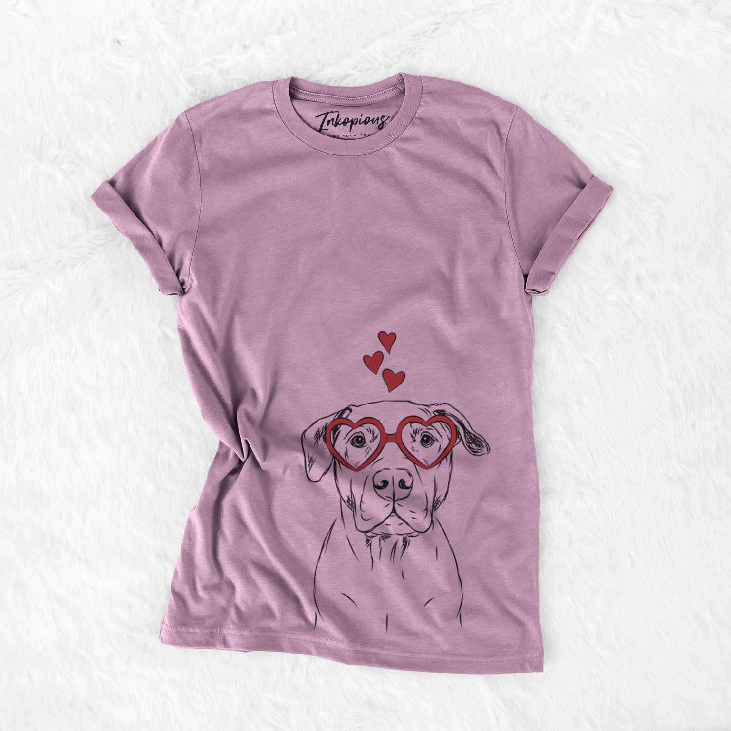 Hand-drawn sketch of Kadin the Pitbull wearing heart-shaped glasses on an Orchid Bella Canvas Unisex Crewneck
