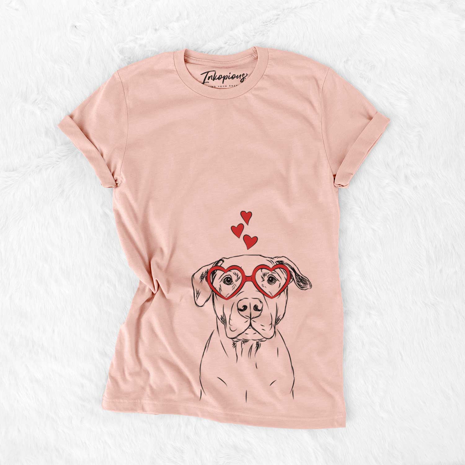 Hand-drawn sketch of Kadin the Pitbull wearing heart-shaped glasses on a Peach Bella Canvas Unisex Crewneck
