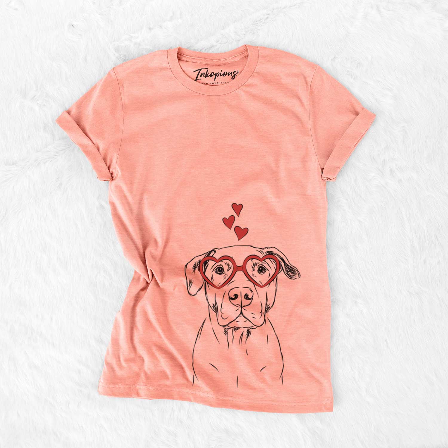 Hand-drawn sketch of Kadin the Pitbull wearing heart-shaped glasses on a Sunset Bella Canvas Unisex Crewneck
