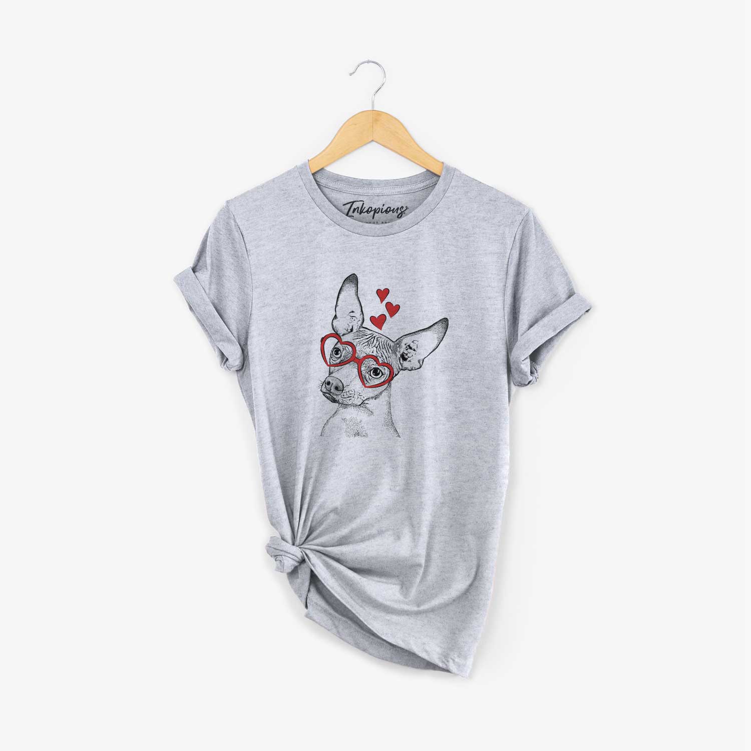 Hand-drawn sketch of Kahlo the Xoloitzcuintli wearing heart-shaped glasses on a Grey Unisex crewneck