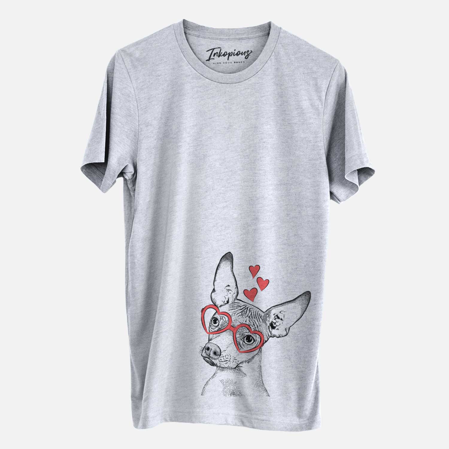 Hand-drawn sketch of Kahlo the Xoloitzcuintli wearing heart-shaped glasses on a Grey Unisex crewneck