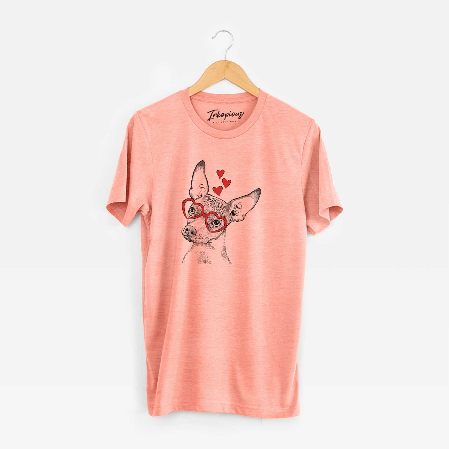 Hand-drawn sketch of Kahlo the Xoloitzcuintli wearing heart-shaped glasses on a Sunset Unisex crewneck