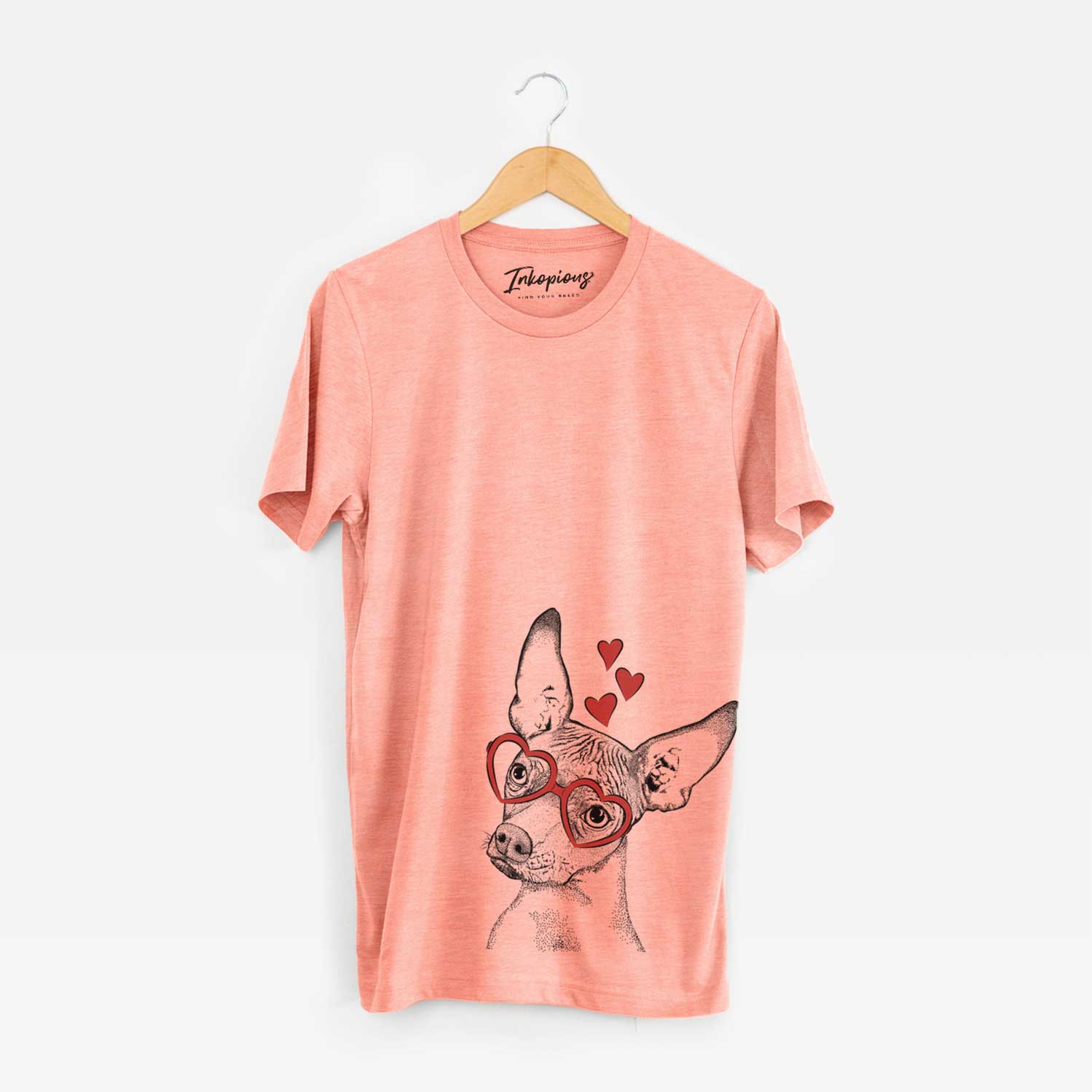 Hand-drawn sketch of Kahlo the Xoloitzcuintli wearing heart-shaped glasses on a Sunset Unisex crewneck