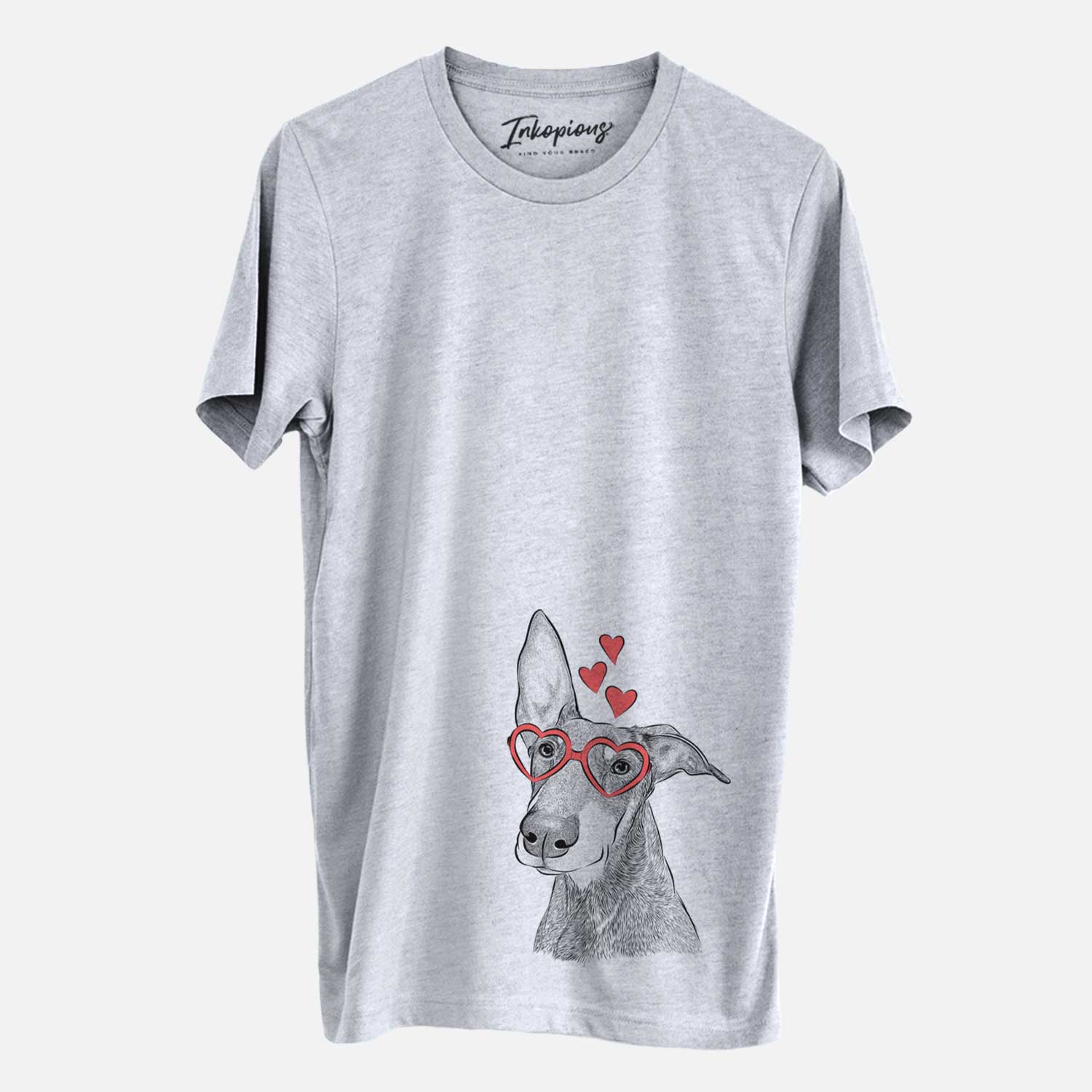 Hand-drawn sketch of Kain the Doberman Pinscher wearing heart-shaped glasses on a Grey Unisex crewneck