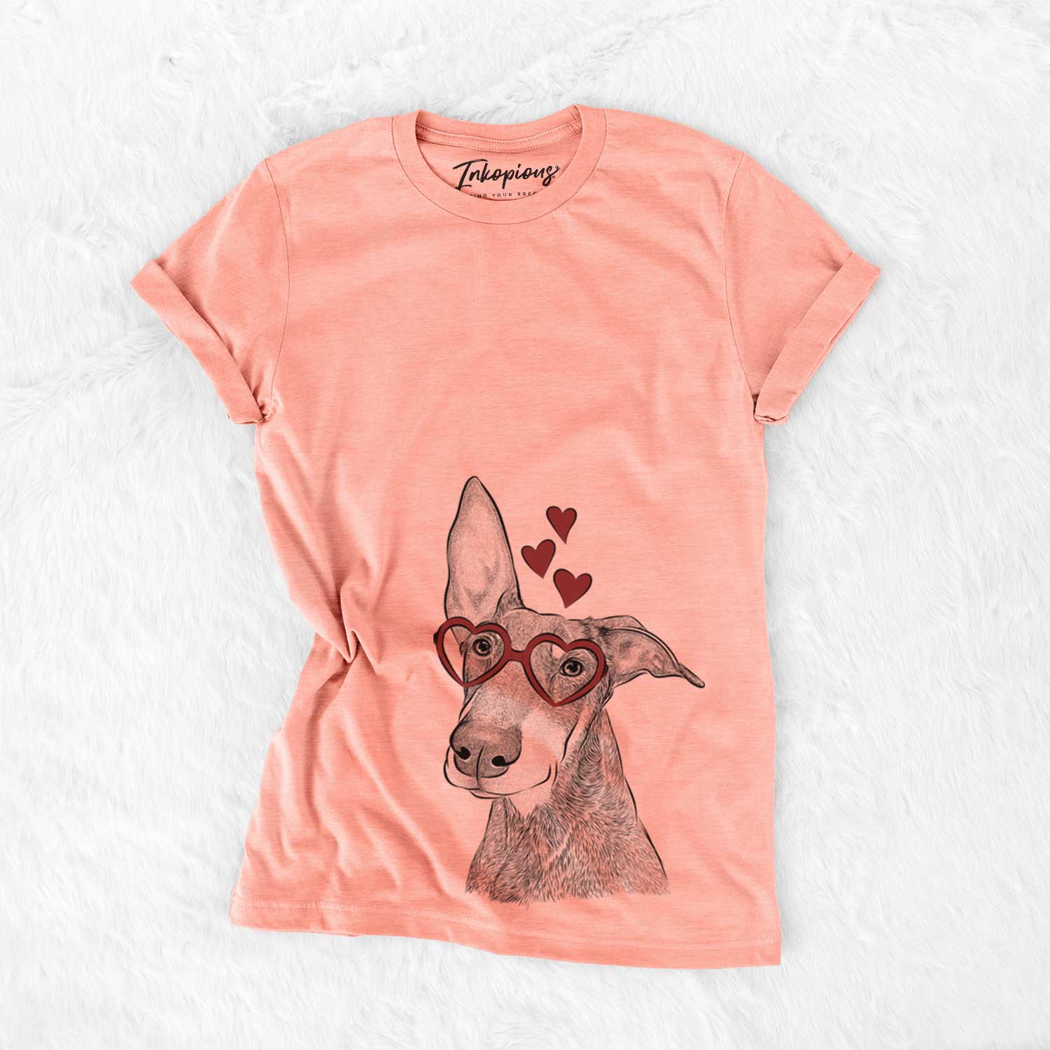 Hand-drawn sketch of Kain the Doberman Pinscher wearing heart-shaped glasses on a Sunset Bella Canvas Unisex Crewneck