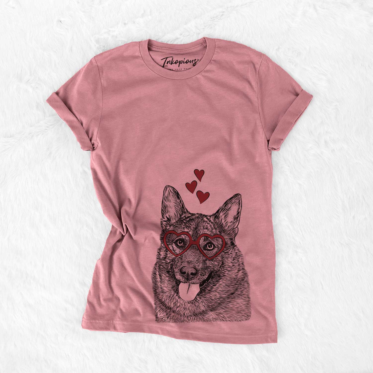 Hand-drawn sketch of Kasia the Norwegian Elkhound wearing heart-shaped glasses on a Mauve Bella Canvas Unisex Crewneck