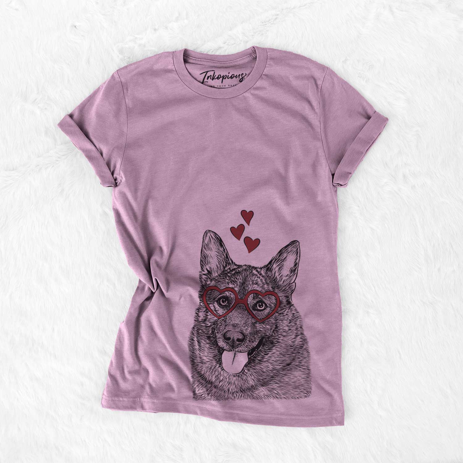 Hand-drawn sketch of Kasia the Norwegian Elkhound wearing heart-shaped glasses on an Orchid Bella Canvas Unisex Crewneck