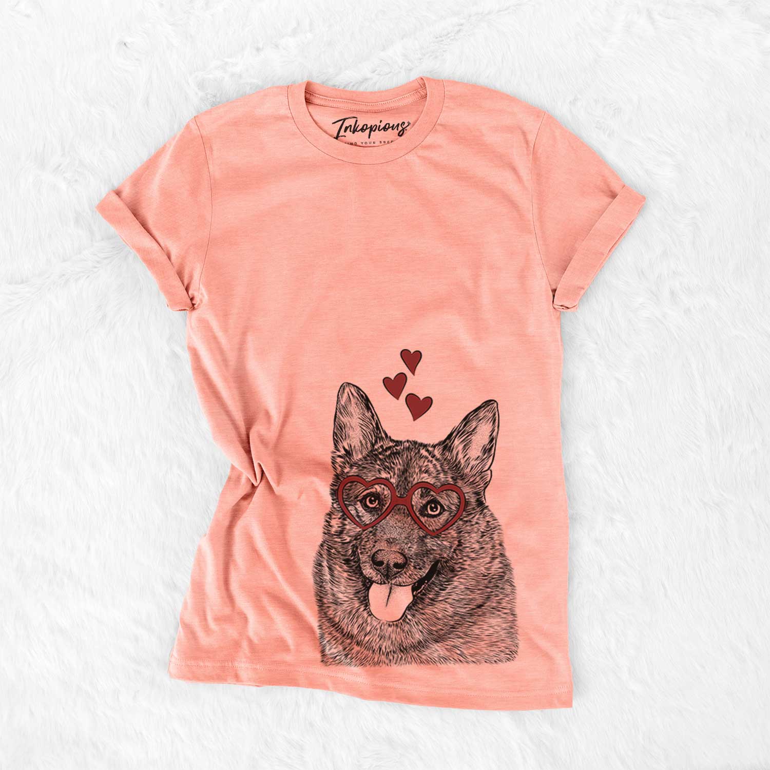 Hand-drawn sketch of Kasia the Norwegian Elkhound wearing heart-shaped glasses on a Sunset Bella Canvas Unisex Crewneck