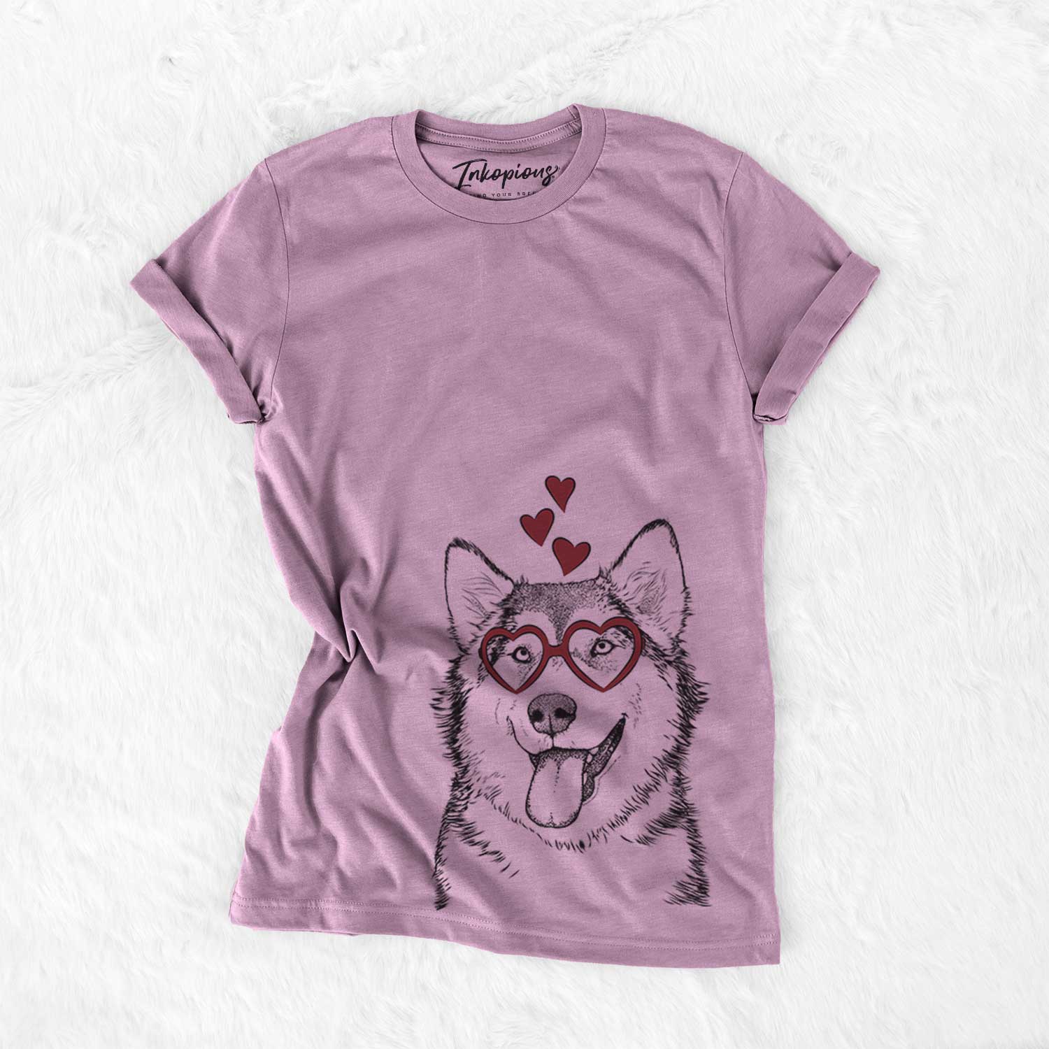 Hand-drawn sketch of Kaskae the Malamute wearing heart-shaped glasses on an Orchid Bella Canvas Unisex Crewneck