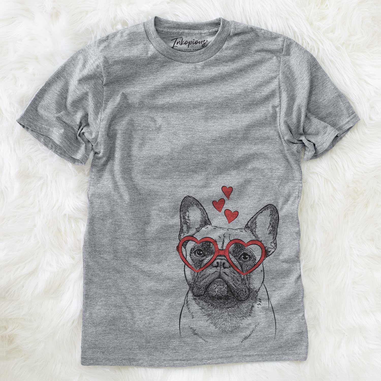 Hand-drawn sketch of Kingsleigh the French Bulldog wearing heart-shaped glasses on a Grey Unisex crewneck