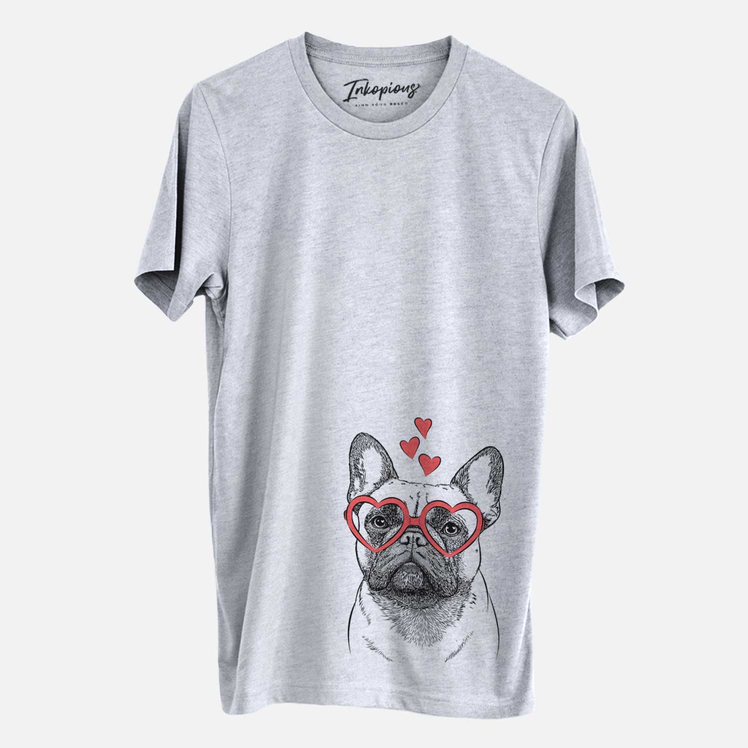Hand-drawn sketch of Kingsleigh the French Bulldog wearing heart-shaped glasses on a Grey Unisex crewneck