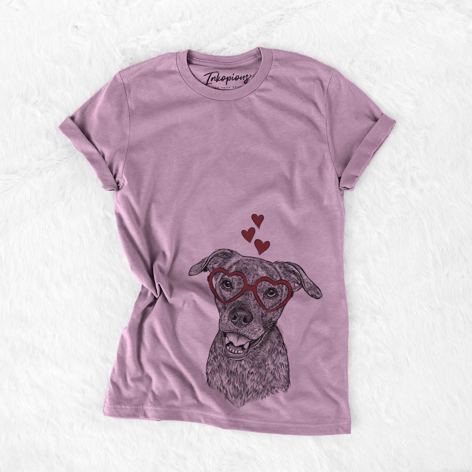 Hand-drawn sketch of Kirby the Mountain Cur Mix wearing heart-shaped glasses on an Orchid Bella Canvas Unisex Crewneck