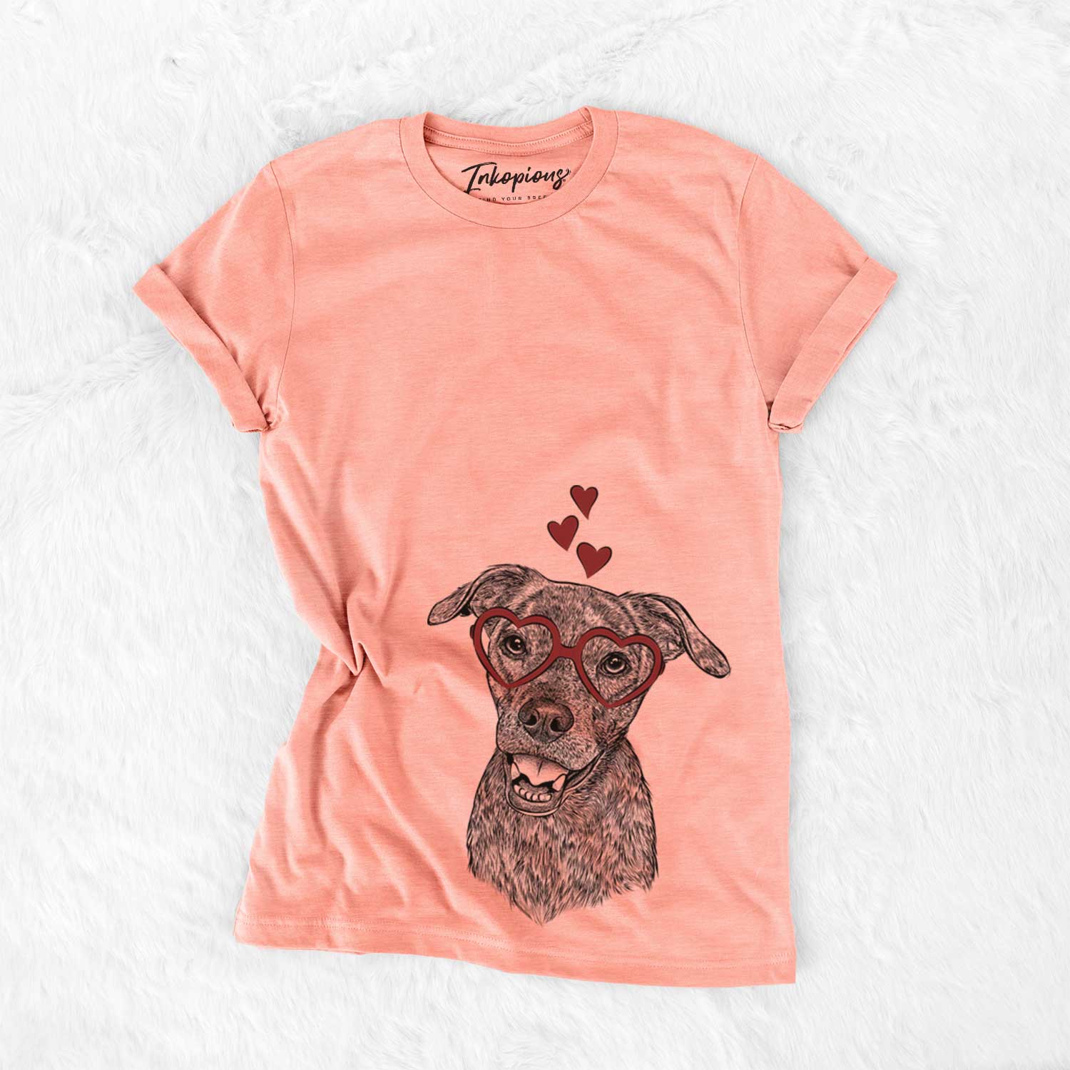 Hand-drawn sketch of Kirby the Mountain Cur Mix wearing heart-shaped glasses on a Sunset Bella Canvas Unisex Crewneck
