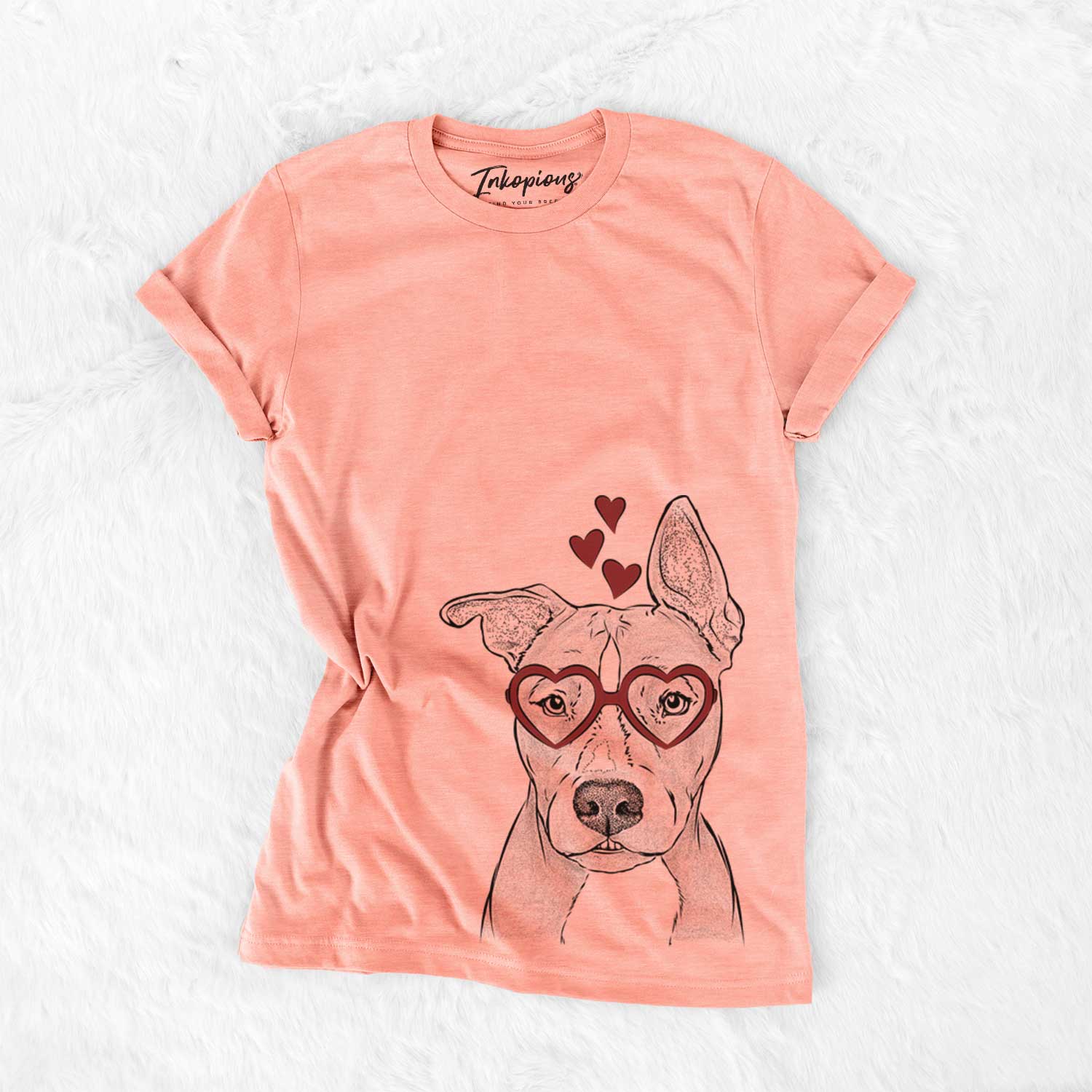 Hand-drawn sketch of Kisses the Pitbull wearing heart-shaped glasses on a Sunset Bella Canvas Unisex Crewneck
