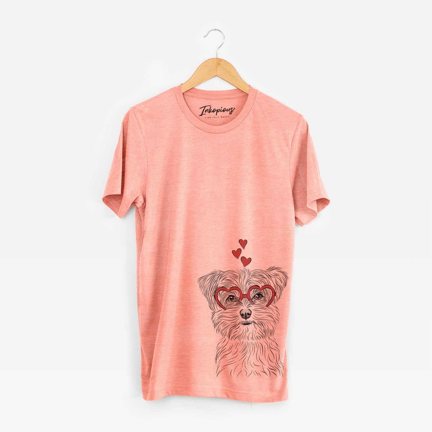 Hand-drawn sketch of Kiwi the Morkie wearing heart-shaped glasses on a Sunset Unisex crewneck