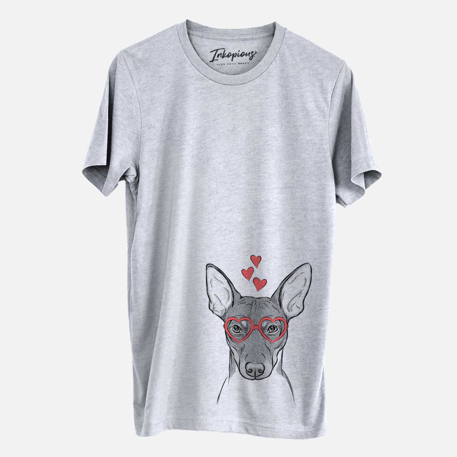 Hand-drawn sketch of Knox the Rat Terrier wearing heart-shaped glasses on a Grey Unisex crewneck