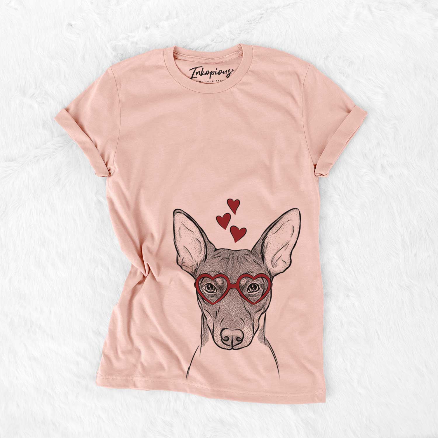 Hand-drawn sketch of Knox the Rat Terrier wearing heart-shaped glasses on a Peach Bella Canvas Unisex Crewneck