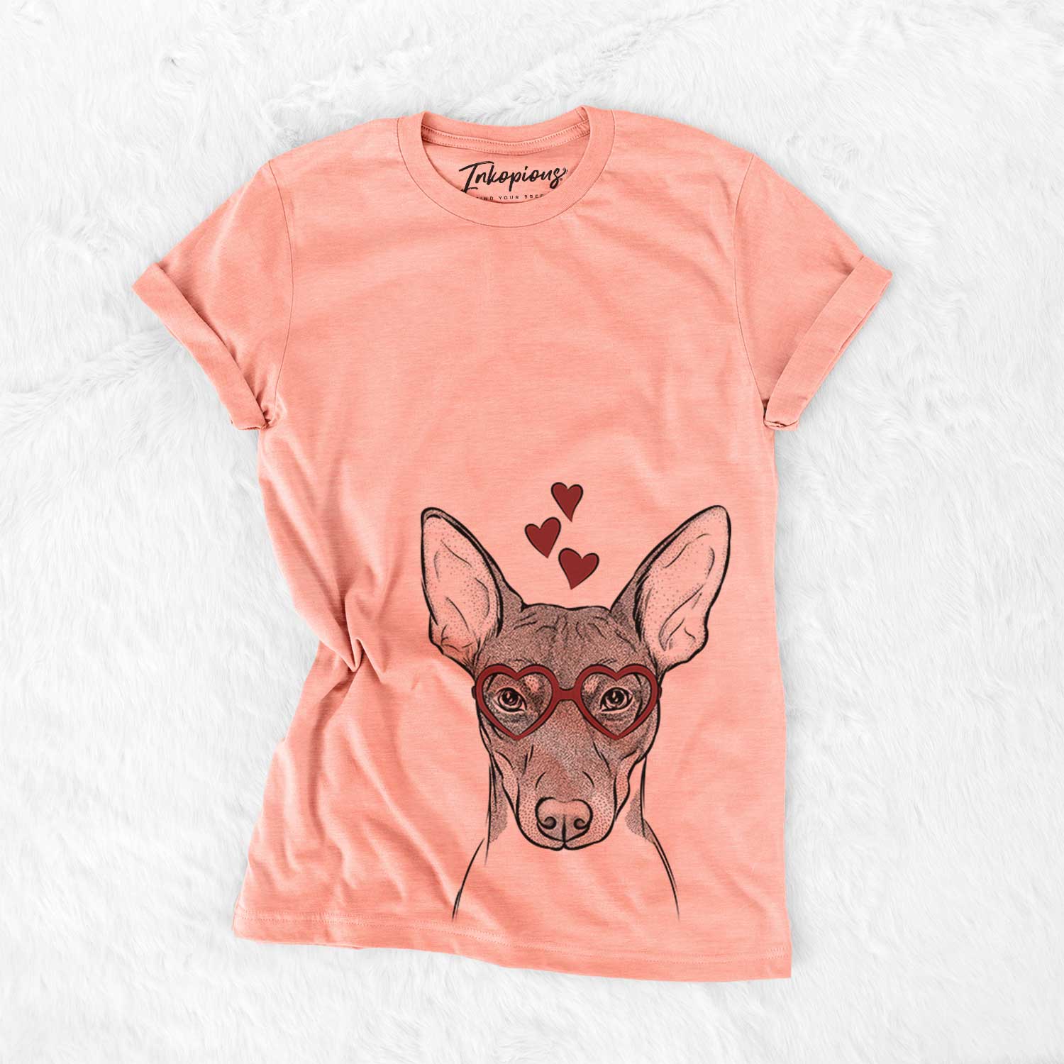 Hand-drawn sketch of Knox the Rat Terrier wearing heart-shaped glasses on a Sunset Bella Canvas Unisex Crewneck
