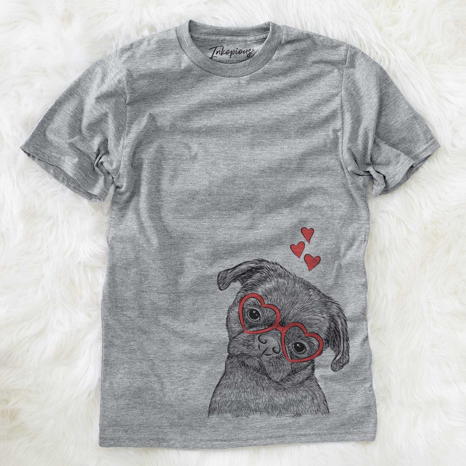 Hand-drawn sketch of Koko the Shih Tzu wearing heart-shaped glasses on a Grey Unisex crewneck