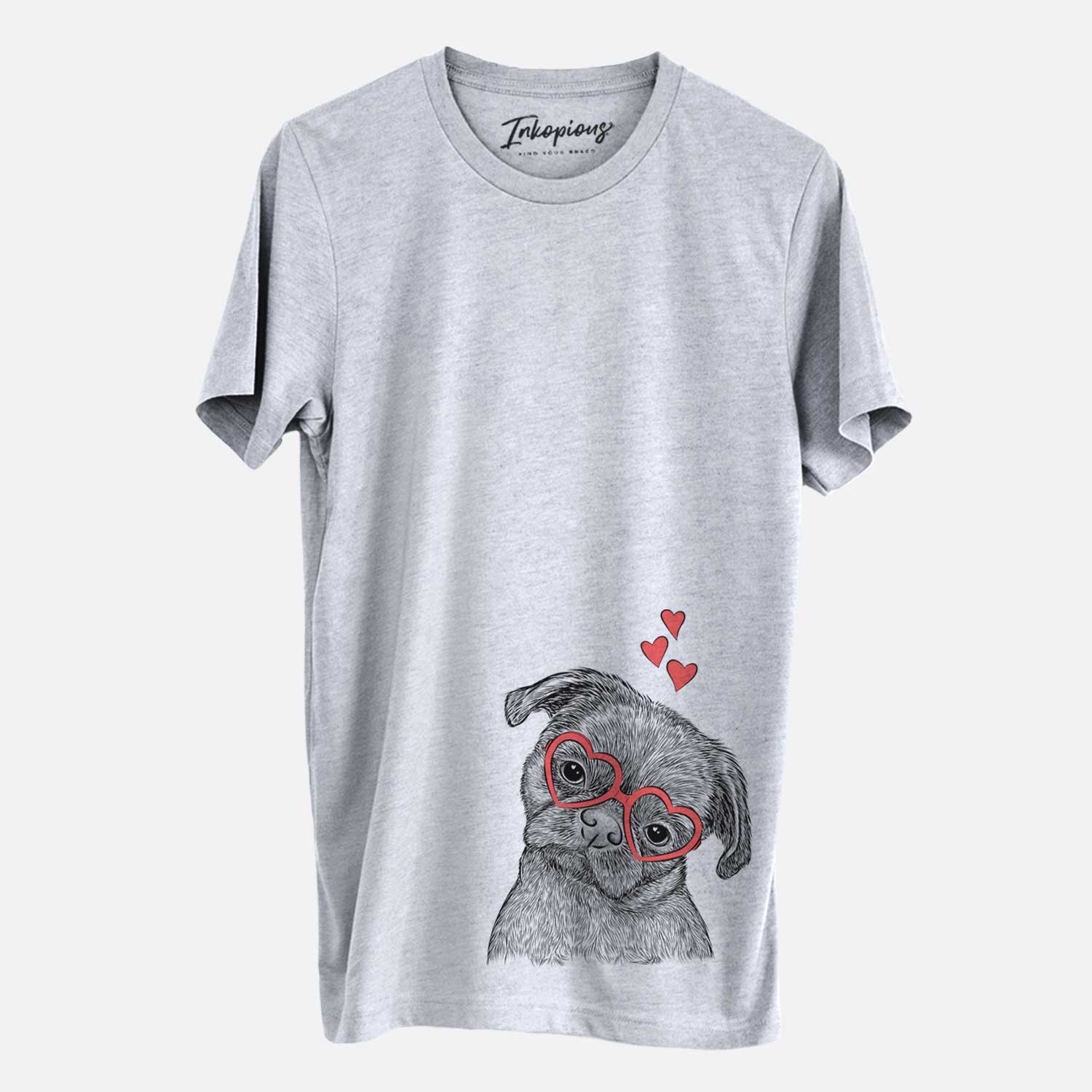 Hand-drawn sketch of Koko the Shih Tzu wearing heart-shaped glasses on a Grey Unisex crewneck