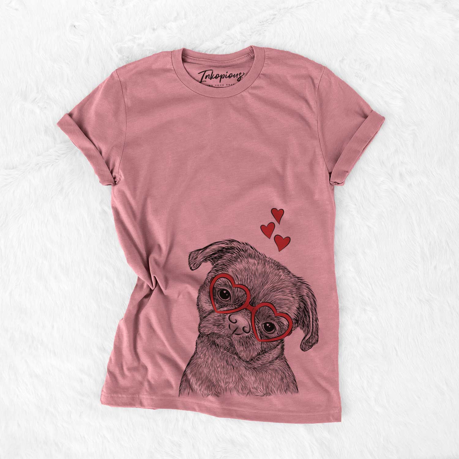 Hand-drawn sketch of Koko the Shih Tzu wearing heart-shaped glasses on a Mauve Bella Canvas Unisex Crewneck