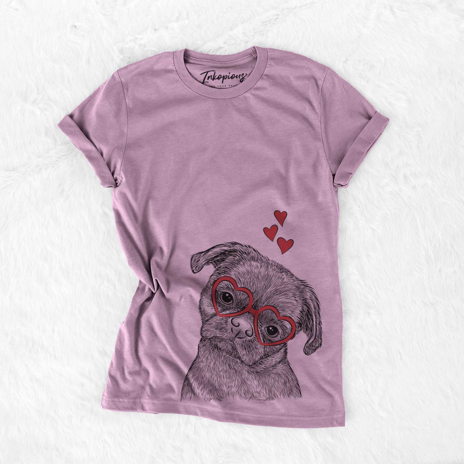 Hand-drawn sketch of Koko the Shih Tzu wearing heart-shaped glasses on an Orchid Bella Canvas Unisex Crewneck