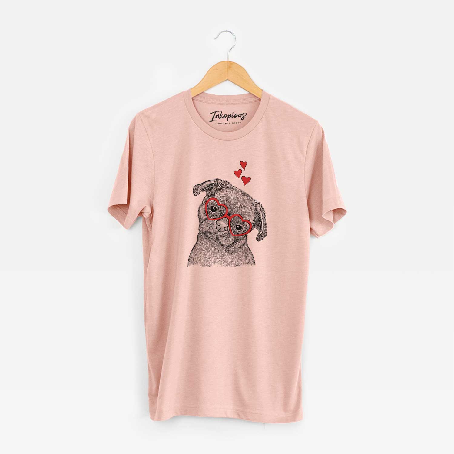 Hand-drawn sketch of Koko the Shih Tzu wearing heart-shaped glasses on a Peach Unisex crewneck