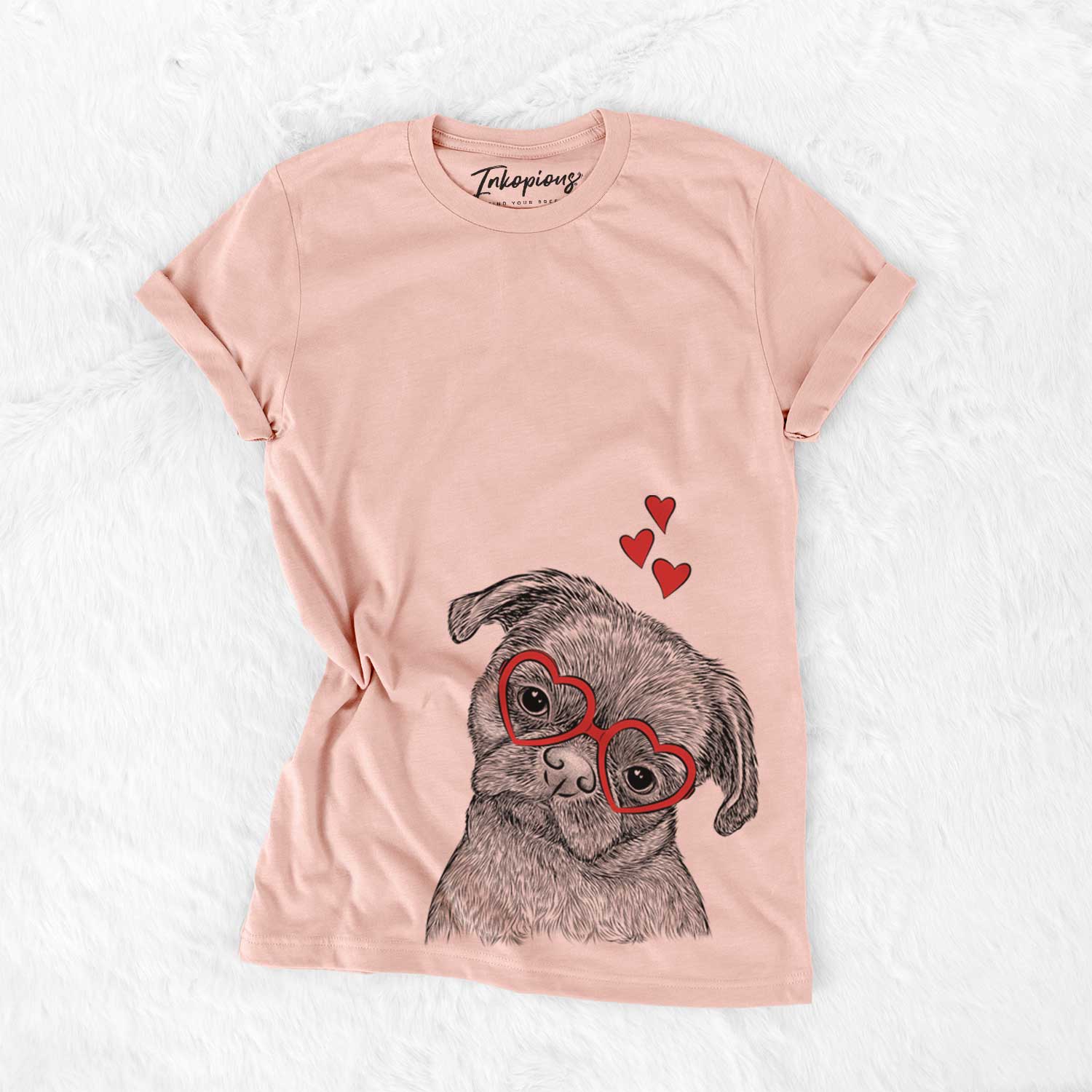 Hand-drawn sketch of Koko the Shih Tzu wearing heart-shaped glasses on a Peach Bella Canvas Unisex Crewneck