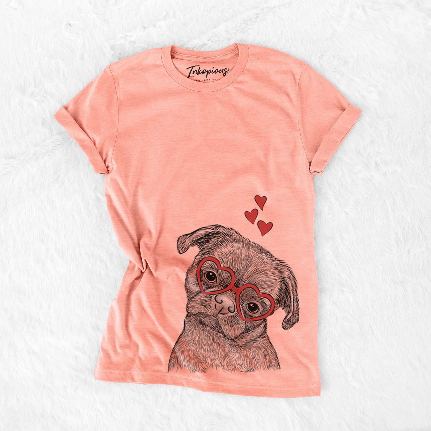Hand-drawn sketch of Koko the Shih Tzu wearing heart-shaped glasses on a Sunset Bella Canvas Unisex Crewneck