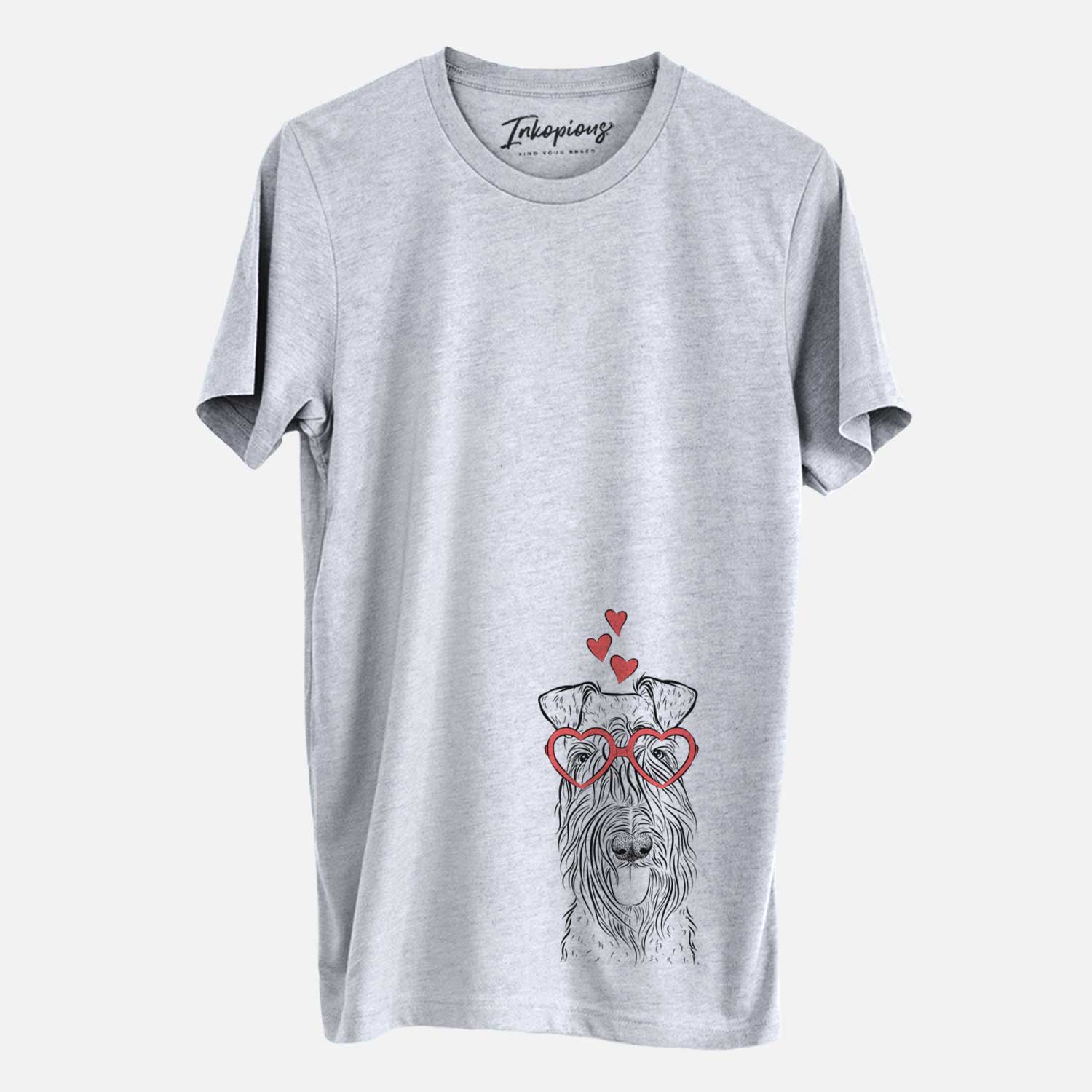 Hand-drawn sketch of Kricket the Kerry Blue Terrier wearing heart-shaped glasses on a Grey Unisex crewneck