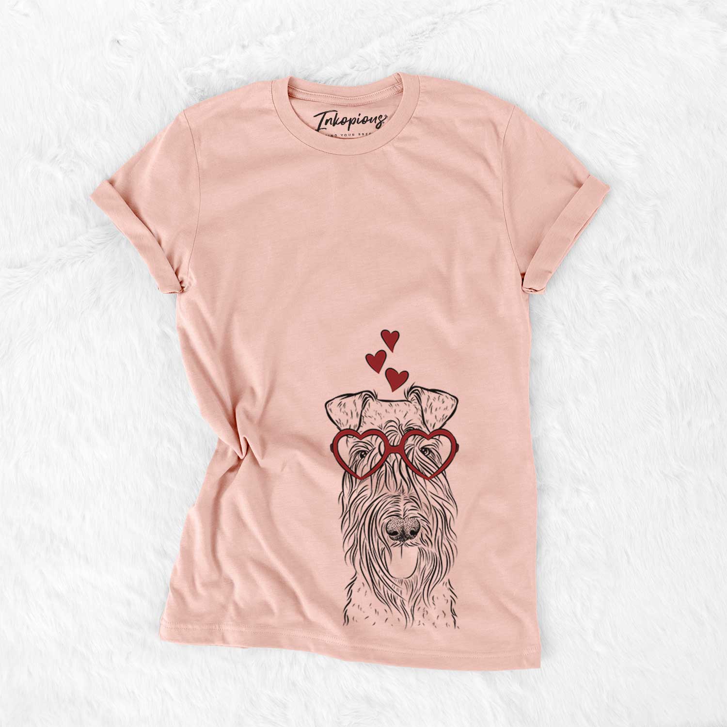 Hand-drawn sketch of Kricket the Kerry Blue Terrier wearing heart-shaped glasses on a Peach Bella Canvas Unisex Crewneck
