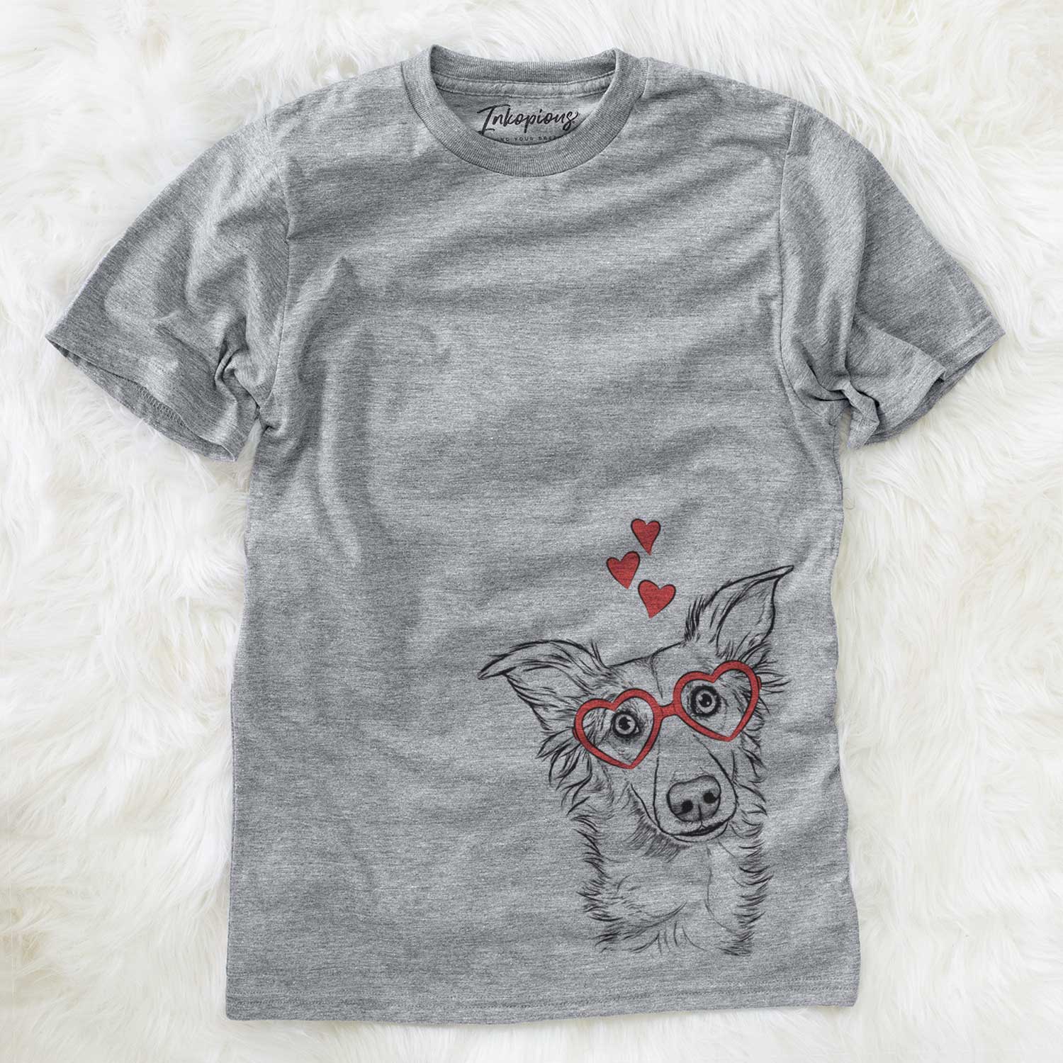 Hand-drawn sketch of Kyu the Windsprite wearing heart-shaped glasses on a Grey Unisex crewneck