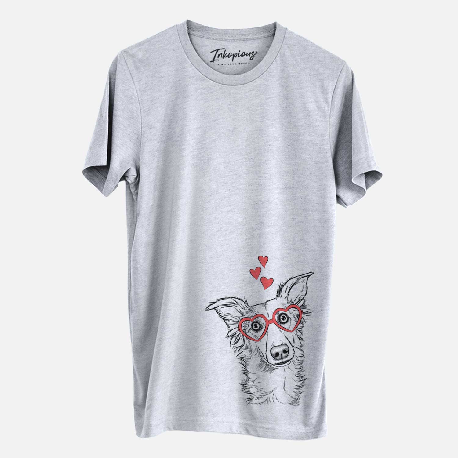 Hand-drawn sketch of Kyu the Windsprite wearing heart-shaped glasses on a Grey Unisex crewneck