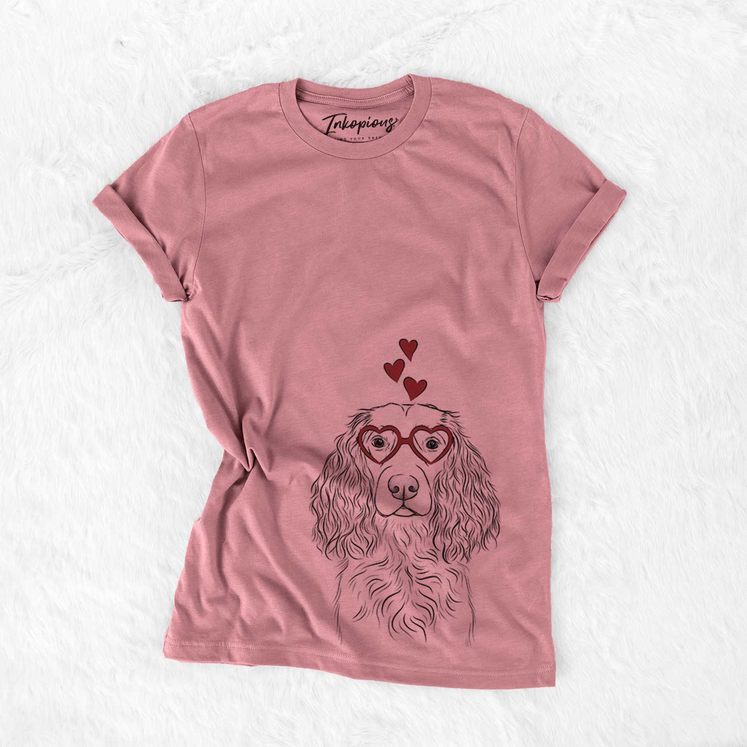 Hand-drawn sketch of Landry the Boykin Spaniel wearing heart-shaped glasses on a Mauve Bella Canvas Unisex Crewneck