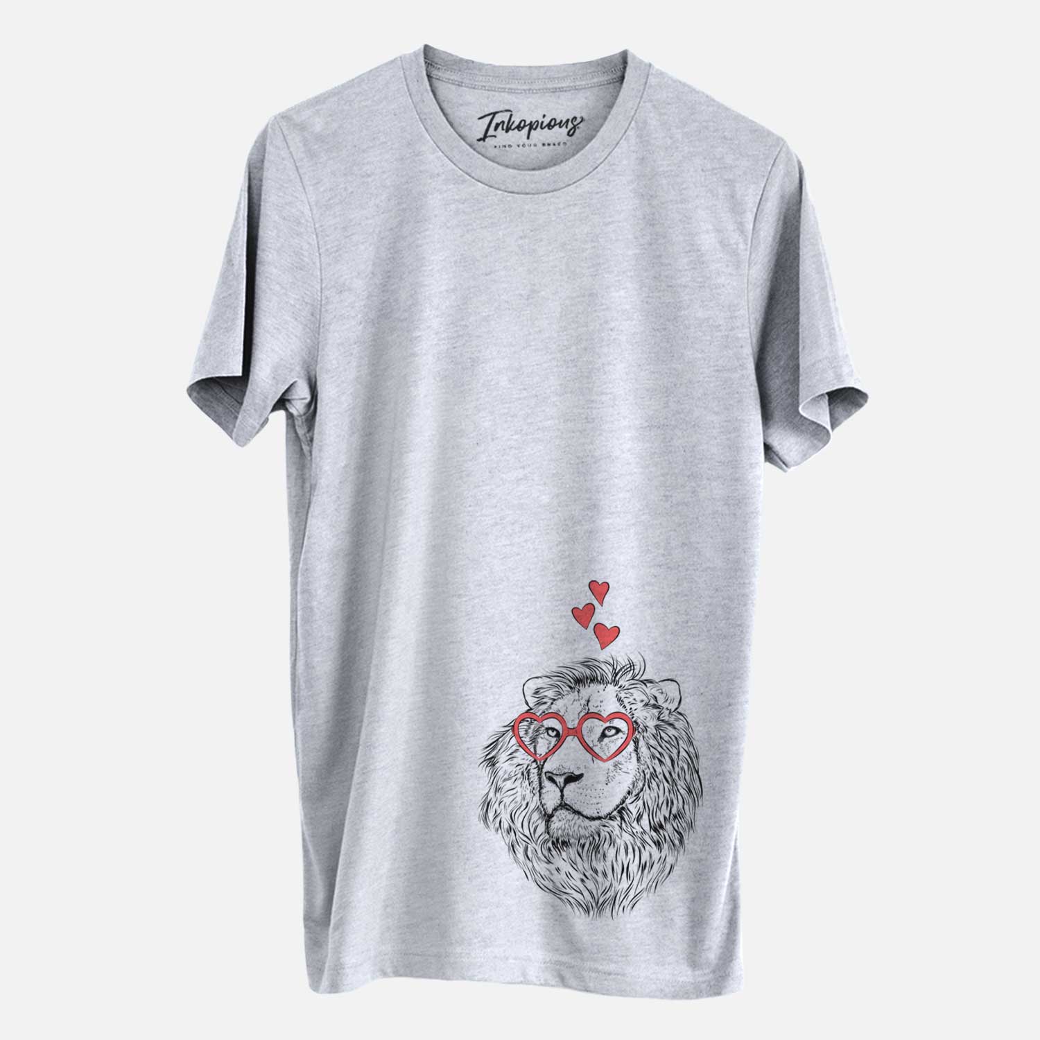 Hand-drawn sketch of Lenny the Lion wearing heart-shaped glasses on a Grey Unisex crewneck