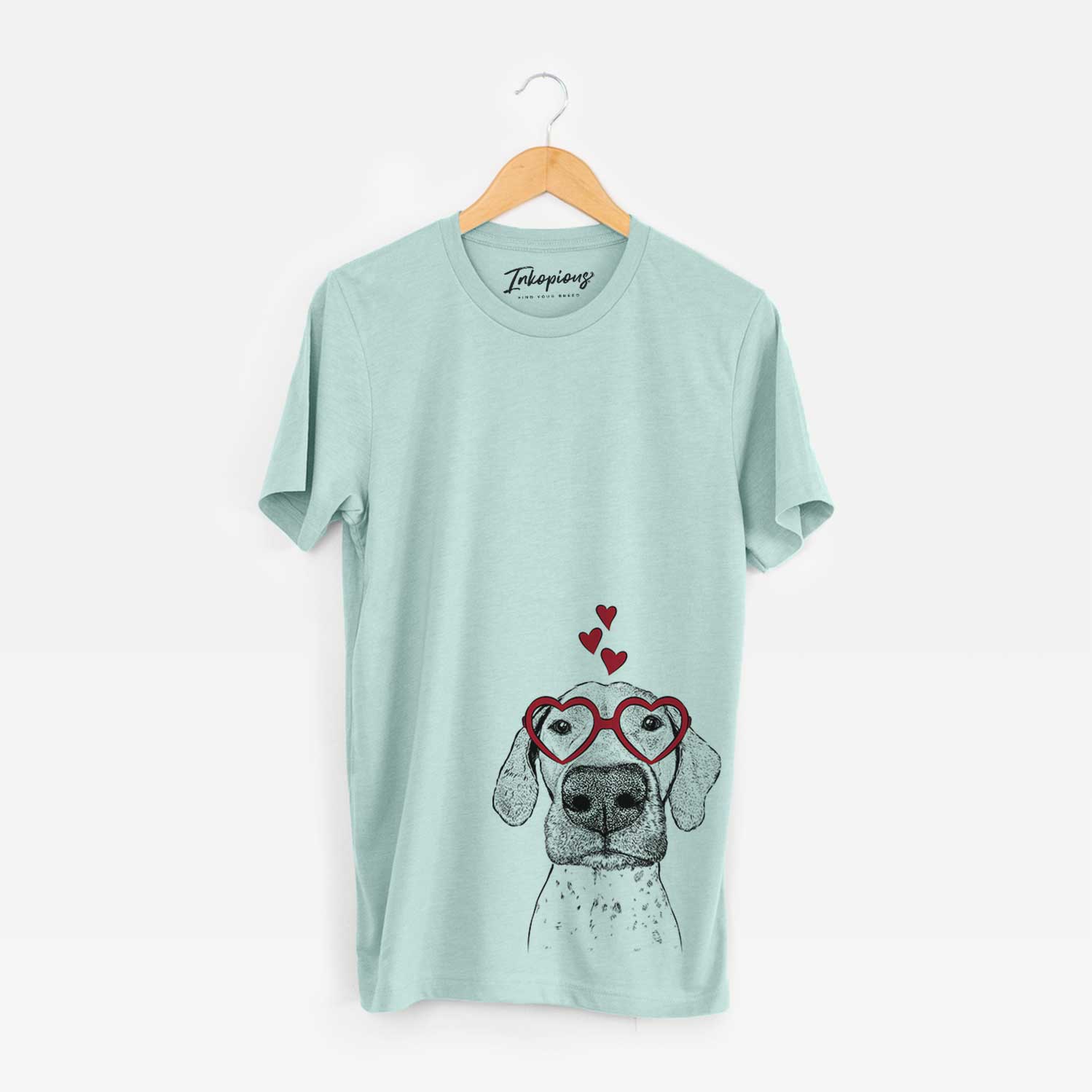 Hand-drawn sketch of Leroy the German Shorthaired Pointer wearing heart-shaped glasses on a Heather Sage Bella Canvas Unisex Crewneck