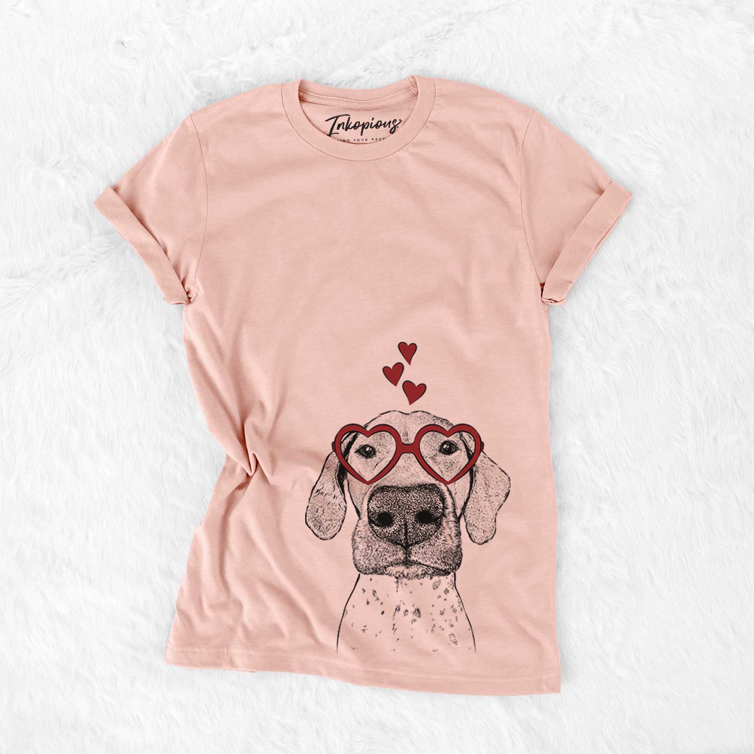 Hand-drawn sketch of Leroy the German Shorthaired Pointer wearing heart-shaped glasses on a Peach Bella Canvas Unisex Crewneck
