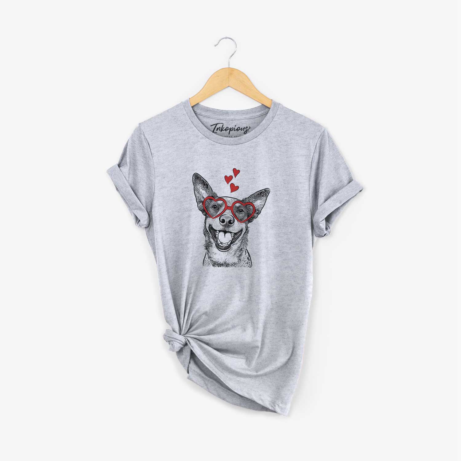 Hand-drawn sketch of Lily the Australian Cattle Dog wearing heart-shaped glasses on a Grey Unisex crewneck