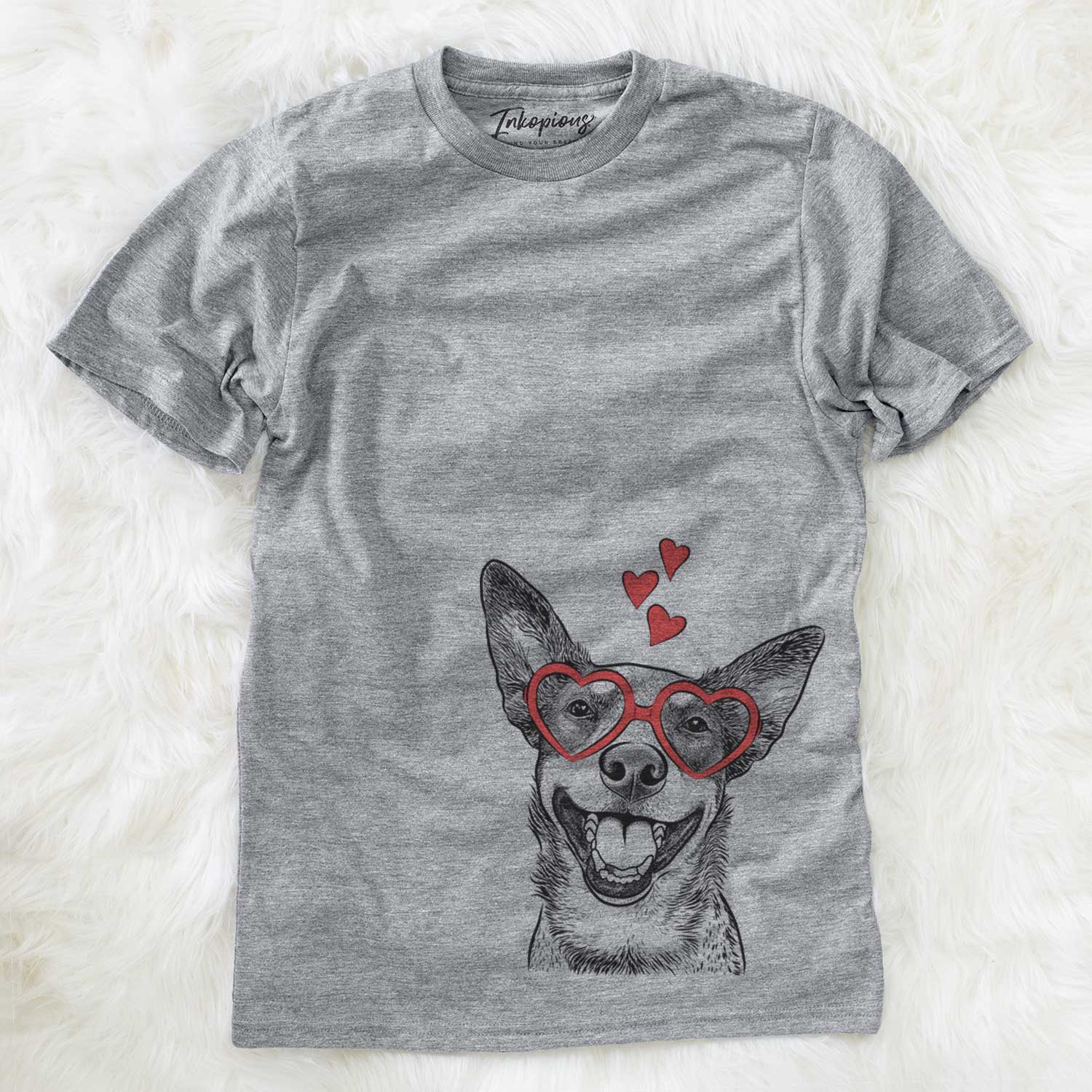 Hand-drawn sketch of Lily the Australian Cattle Dog wearing heart-shaped glasses on a Grey Unisex crewneck