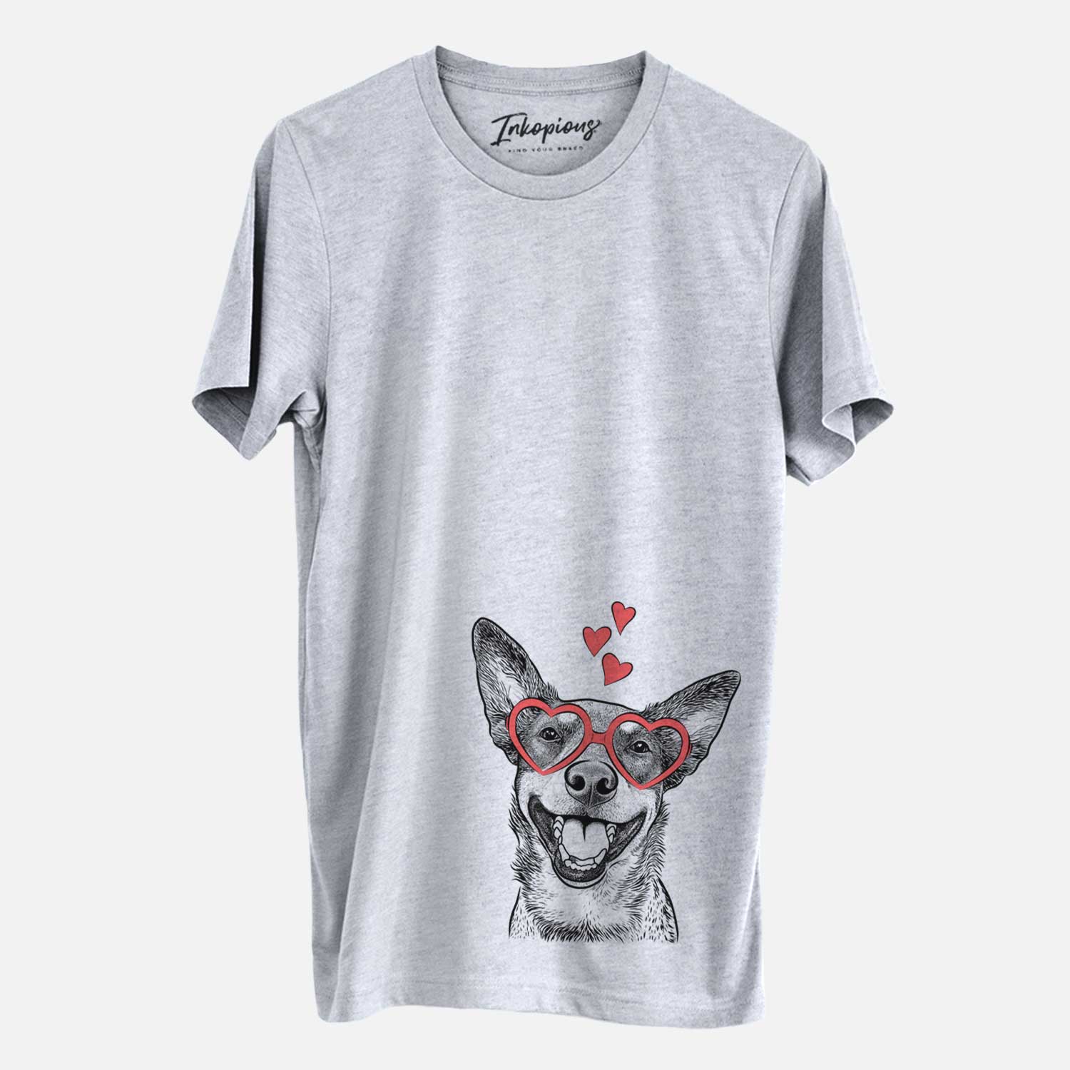 Hand-drawn sketch of Lily the Australian Cattle Dog wearing heart-shaped glasses on a Grey Unisex crewneck