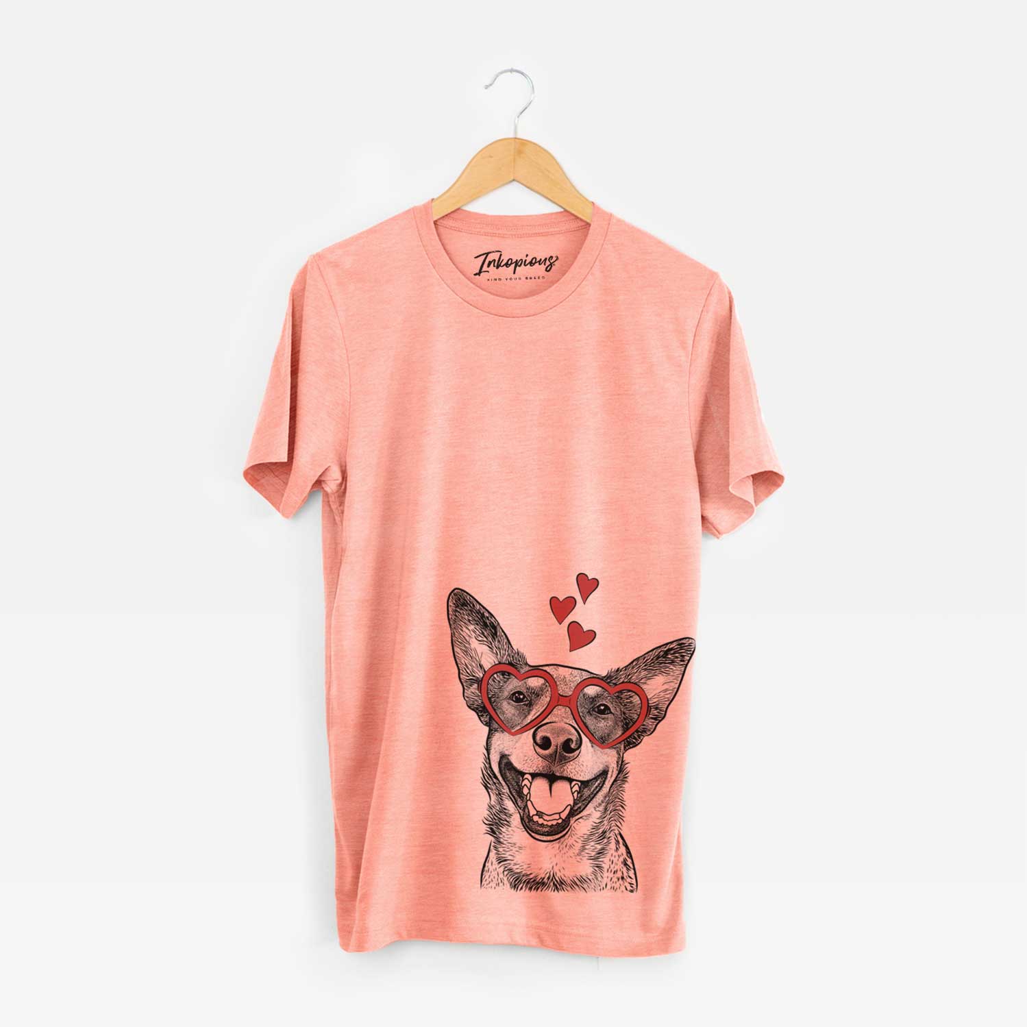 Hand-drawn sketch of Lily the Australian Cattle Dog wearing heart-shaped glasses on a Sunset Unisex crewneck